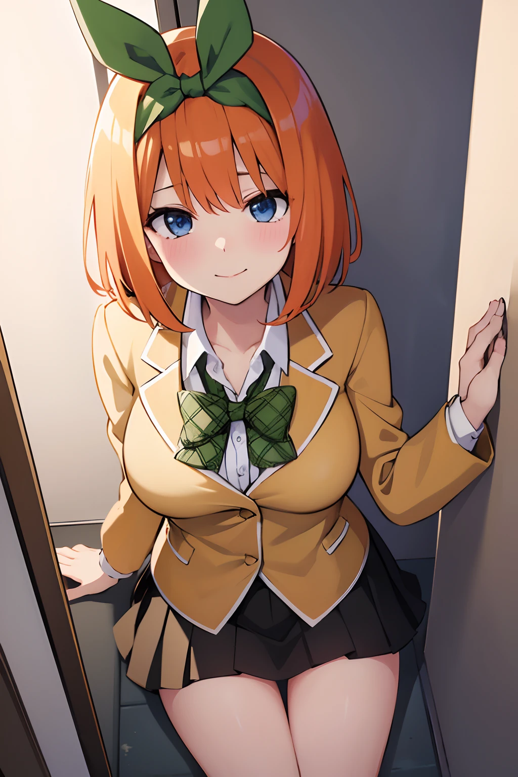 Nakano Yotsuba(The Bride of Fifths)、1girl, ​masterpiece、top-quality、NSFW, {{{pissing}}}、vagina, Orange pubic hair, {toilet room}、green hair bow, yellow sweater, black blazer,A slight smil、