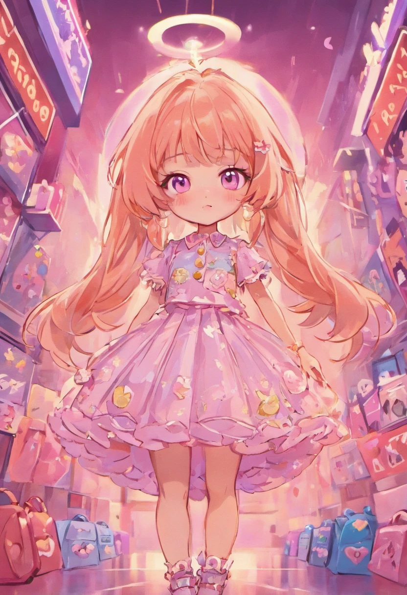 Create a series of cute baby chibi style dolls with a fashion theme, each with lots of detail and in an 8K resolution. All dolls should follow the same fashionable wallpaper pattern and be complete in the picture, mostrando o (corpo inteiro, incluindo as pernas: 1.5)

Boneca fashion: Chame-a de Marina. Ela deve ter cabelo pequeno em tom colorido neon. Seus olhos devem ser grandes e expressivos, with long eyelashes and rosy cheeks. Sorriso delicado e branco. Sophie deve estar vestida com uma roupa fashion com detalhes neon, Tons coloridos . She can't have anything on her hands. Certifique-se de adicionar detalhes nas roupas, such as buttons and pockets, sapato bonito

Certifique-se de adicionar sombras, texturas e detalhes nos cabelos, roupas, to make them even more adorable and charming.