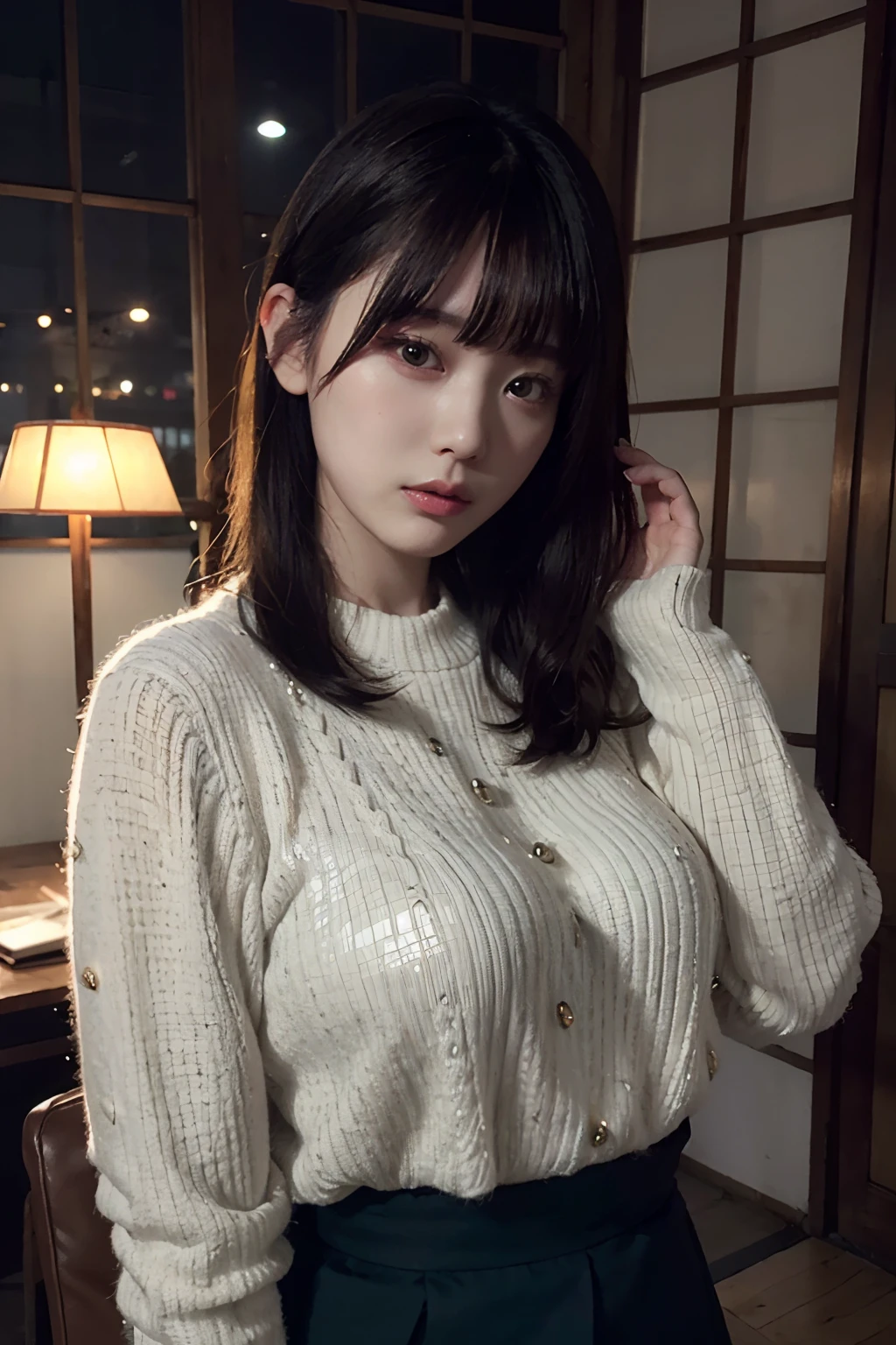 one woman,skirt,sweater,boobs,gleaming skin,cute face,big eyes,cool face,bob hair,darkgreen hair,indoor,night,masterpiece, extremely fine and beautiful,photorealistic,japanese