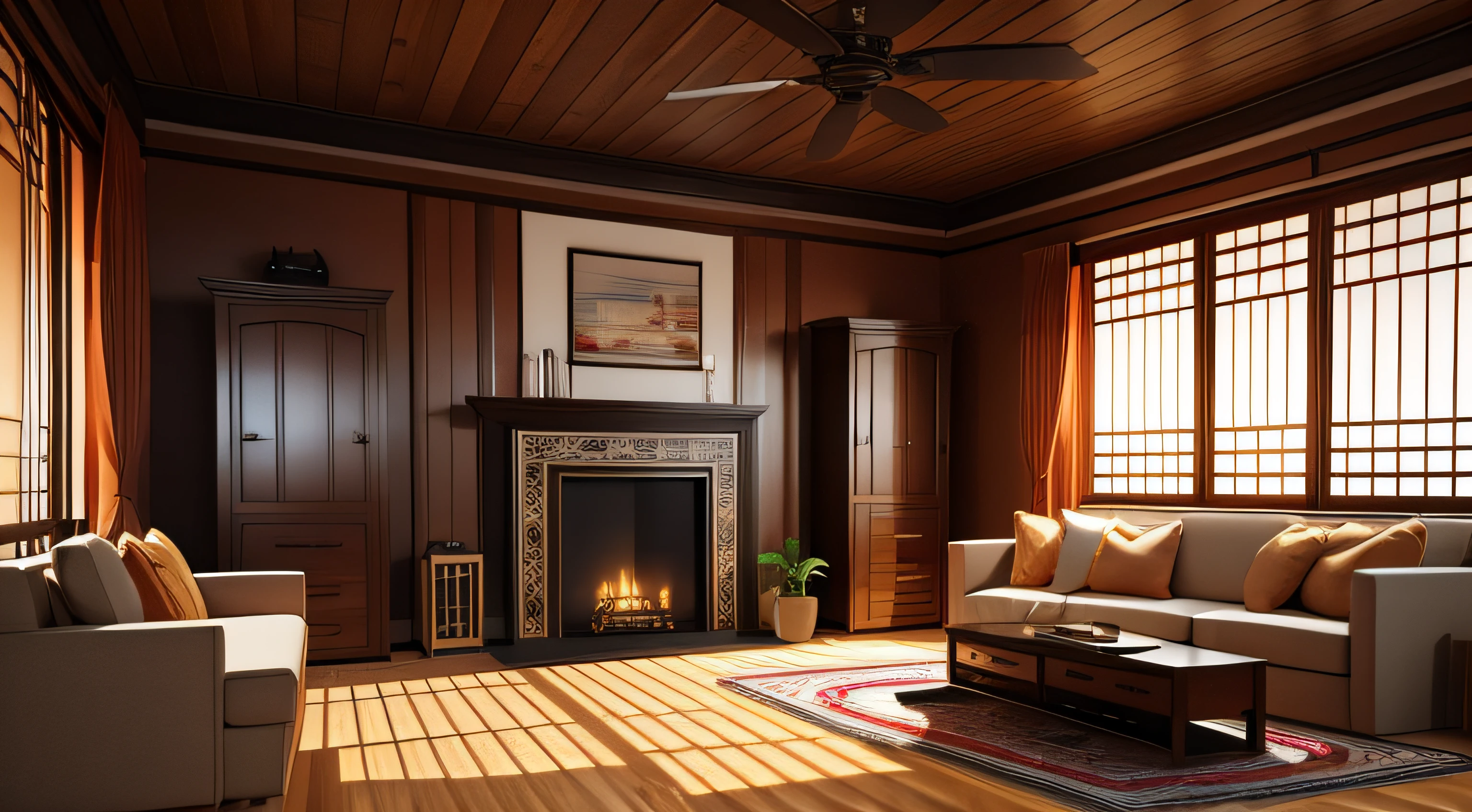 Home mockup, living room in Japandi style, 3d render
