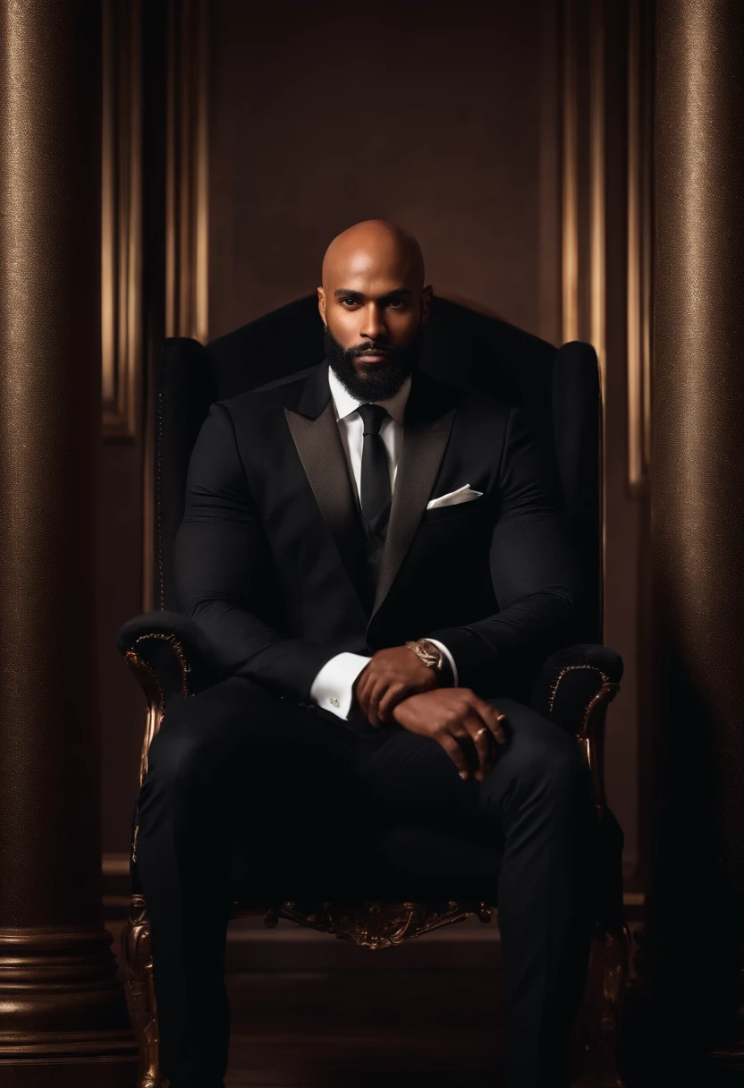 brown skin man,physically well built, sitting on throne,crown,very short beard,bald,black business attire