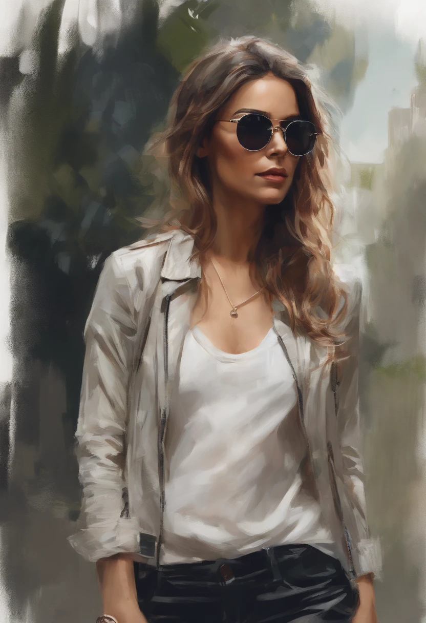 Perfect centralization, Um gatinho bonito por toda parte, Use uma jaqueta de estudante, wearing sunglasses, Usando fones de ouvido, Standing position, beleza abstrata, Centrado, looking at the camera, Facing the camera, nearing perfection, Dynamic, luar, altamente detalhado, pintura digital, art stations, Conceito-Arte, liso, foco nítido, 8k, high-definition resolution, illustration, arte de Carne Griffiths e Wadim Kashin, fundo branco