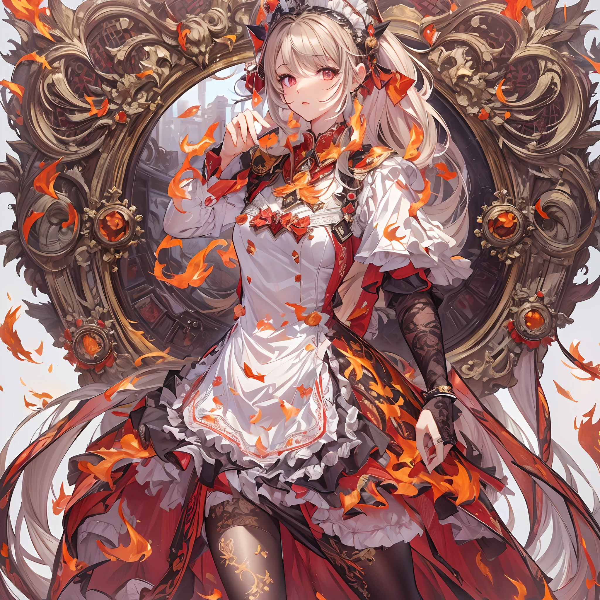 ((Masterpiece, Highest quality)), Detailed face, CharacterDesignSheet, full bodyesbian, Full of details, Multiple poses and expressions, Highly detailed, Depth, Many parts,Beautiful Maid,Red and gold,double-ponytail,estilo fantasia,Surrounded by flames,Extremely beautiful,High Balance, Natural light, Lace,lacepantyhose,Phoenix decoration,Flame decoration,mirror surface