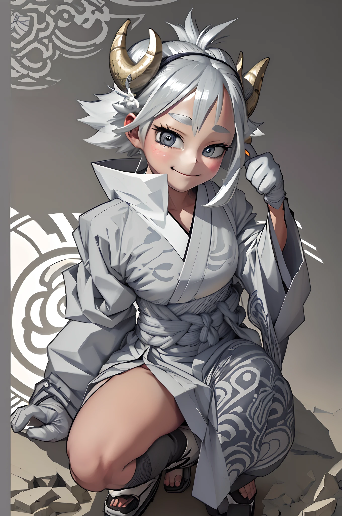 Crisp Contours、((Ultra-fine)),​masterpiece,top-quality,(1 persons) ,A slight smil、((full body Esbian)), Sheep motif、Winding horns of a large sheep:1.3、Silvery eyes beautiful in every detail,((Gray round drooping eyes,)),gray hair with gentle curves、personification、Round ish face、loli g boobs、my hero akademia、((Wearing a white kimono)),((gloves)),((Stylish style)),((Hakama with a long hem)),((Screwed into the sleeve joint)),Japanese pattern at sleeve,