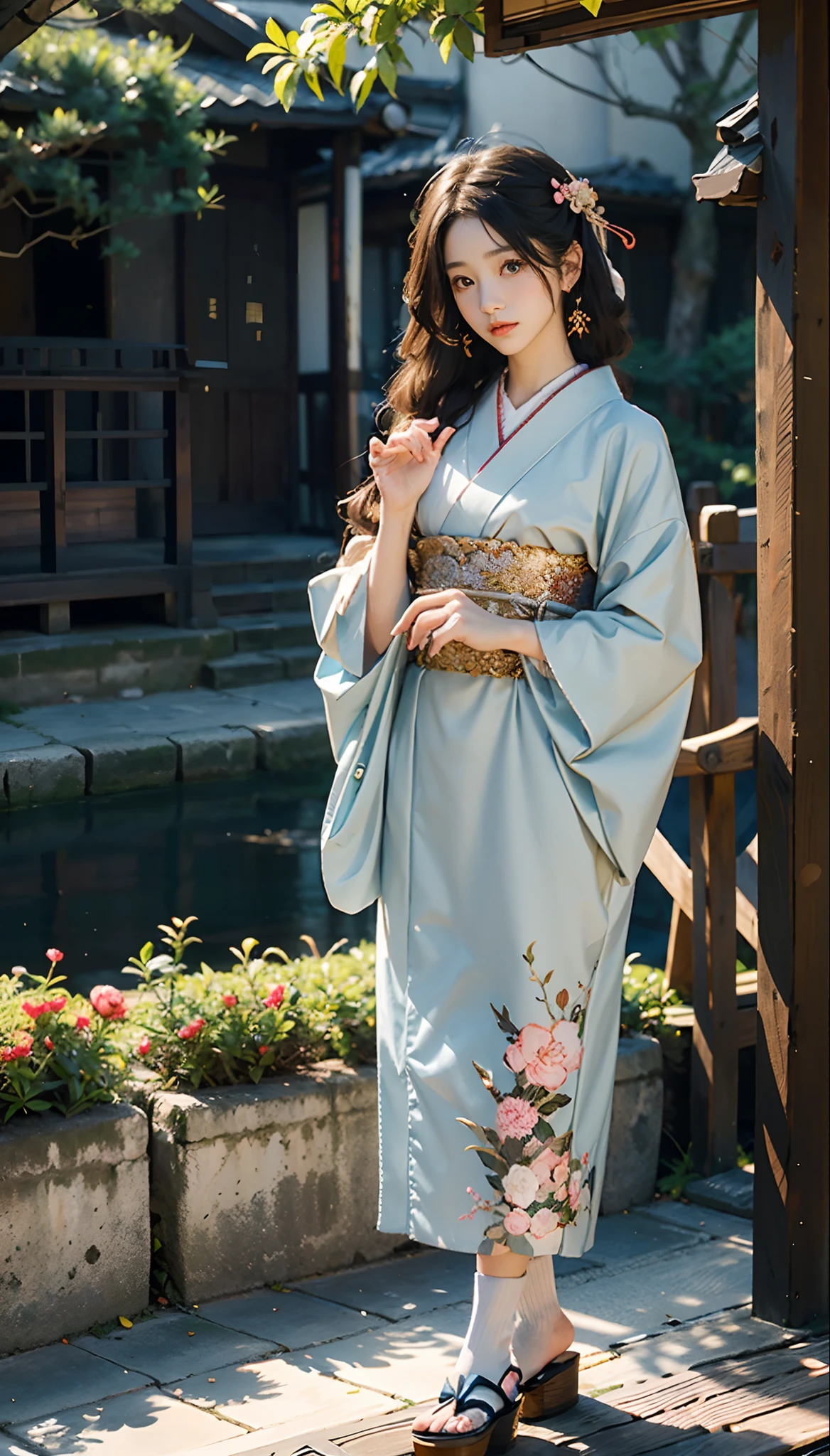 meticulous portrayal of face,1 noblewoman,(Hairpins),(Camellia kimono),(Long flowing colored hair),Simple and elegant Japanese clothing,Collar,(black sock+,clogs), s the perfect face, perfect hand, Perfect Finger, Perfect lips, perfect eyes,Extremely normal body,Ancient Japanese town background,Perfect background