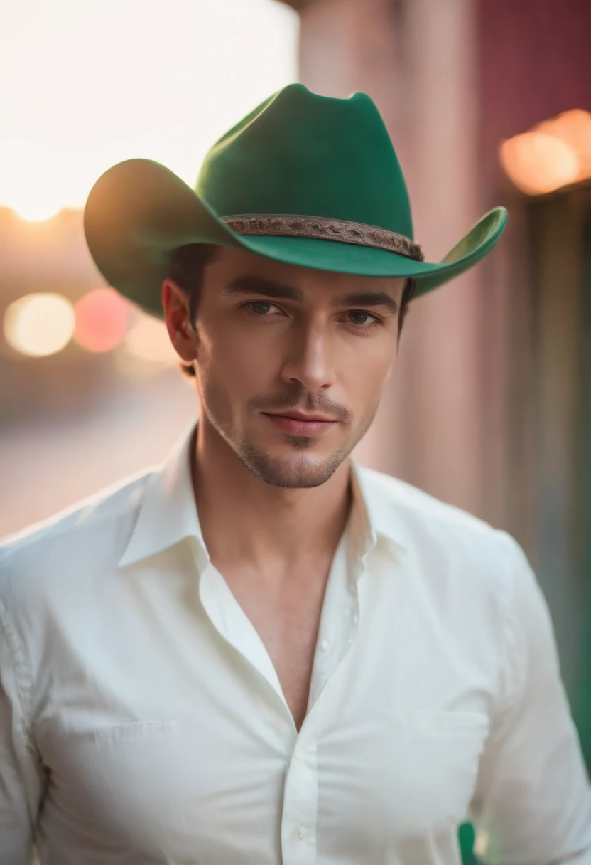 dark-haired man in a hat and white shirt, green cloth in the background, vibrant colors, in the style of ultrafine detail, high quality photo,cowboy shot eys red light effect