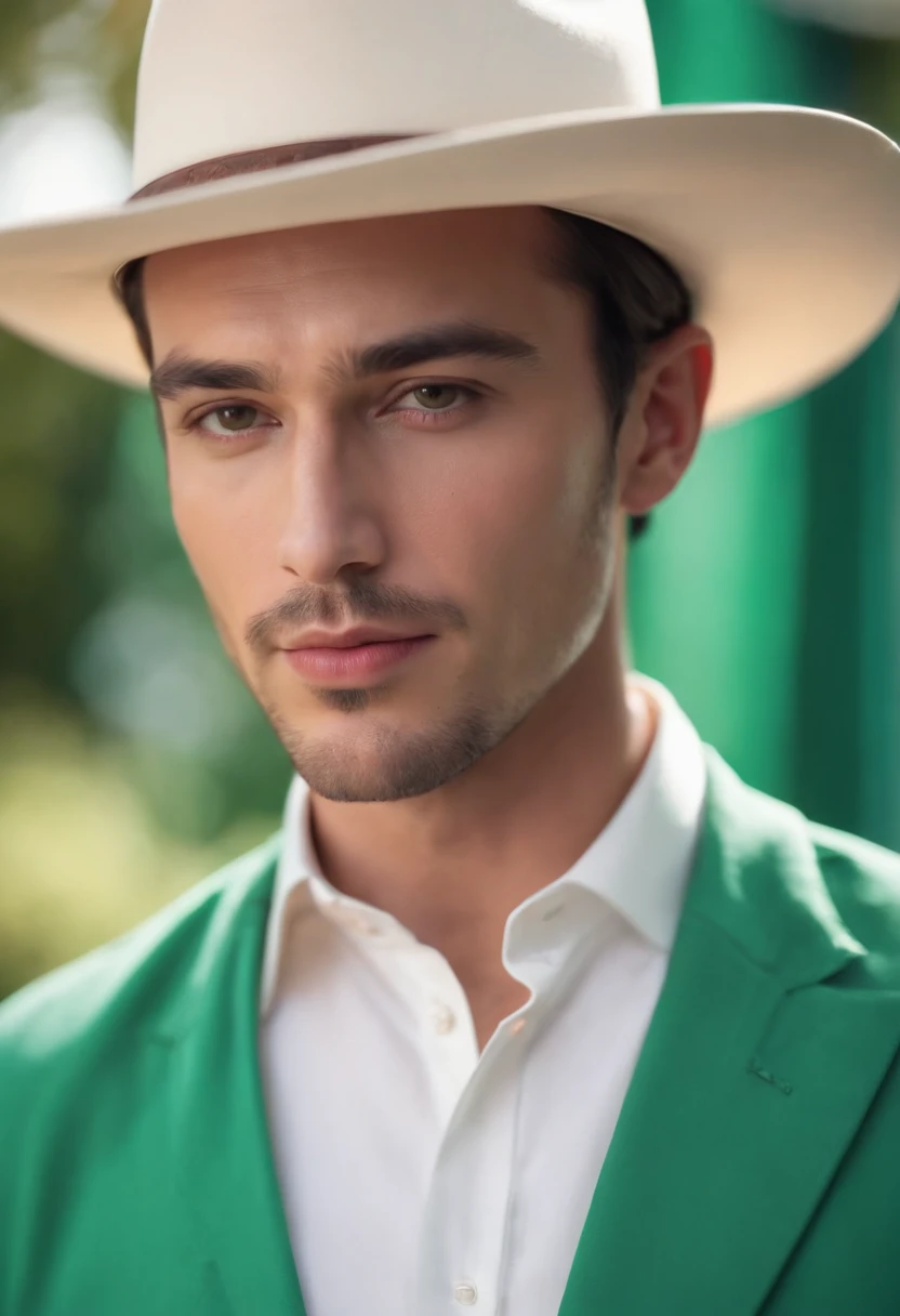 dark-haired man in a hat and white shirt, green cloth in the background, vibrant colors, in the style of ultrafine detail, high quality photo,cowboy shot eys red light effect