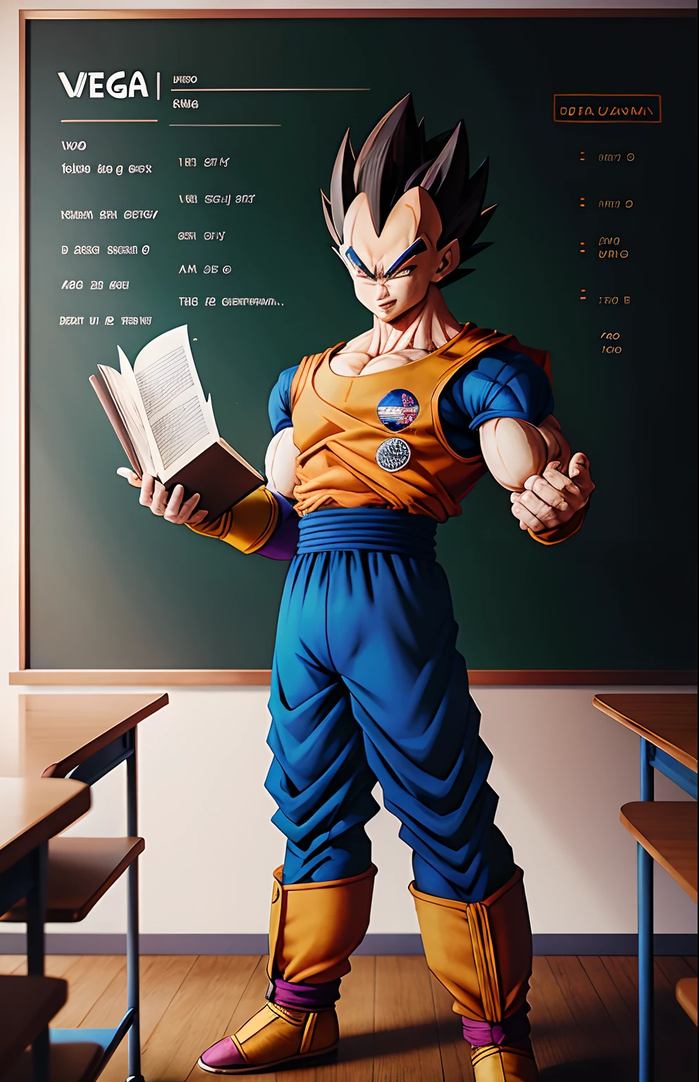 Dragon Ball Vegeta with a book in his hand, full body next to Goku's pou, posing for a poster with a book and a ruler in his hand, in a large classroom with student chairs and desks, blackboard, body complete, whole shot, vibrant colors, masterpiece, realistic style
