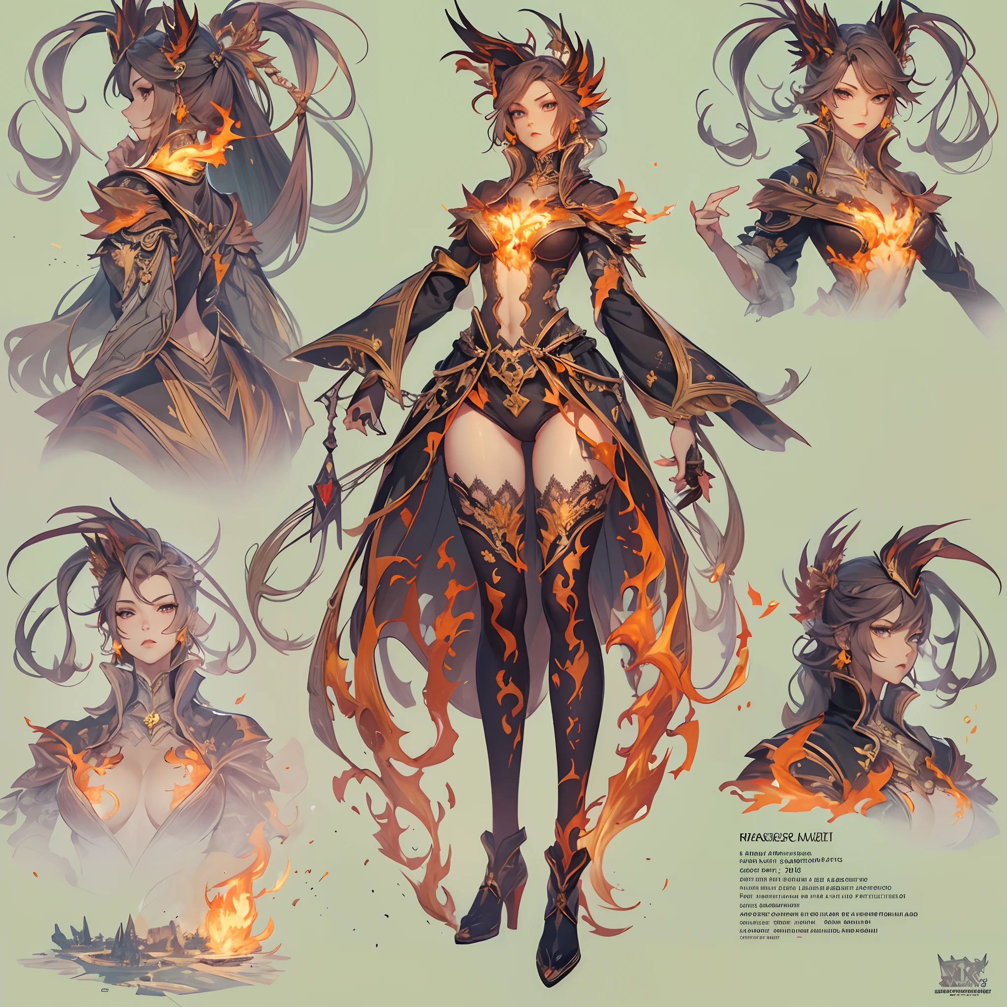 ((Masterpiece, Highest quality)), Detailed face, CharacterDesignSheet， full bodyesbian, Full of details, Multiple poses and expressions, Highly detailed, Depth, Many parts，female mage，double-ponytail，estilo fantasia，Surrounded by flames，Extremely beautiful，High Balance, Natural light, Lace，lacepantyhose，Phoenix decoration，Flame decoration，mirror surface
