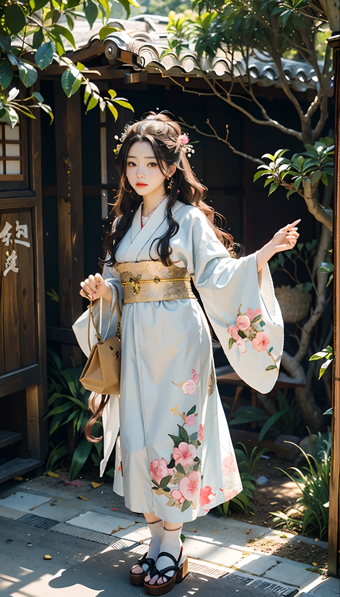 meticulous portrayal of face，1 noblewoman，(Hairpins)，(Camellia kimono)，(Long flowing colored hair)，Simple and elegant Japanese clothing，Collar，(black sock+，clogs)， s the perfect face， perfect hand， Perfect Finger， Perfect lips， perfect  eyes，Extremely normal body，Ancient Japanese town background，Perfect background