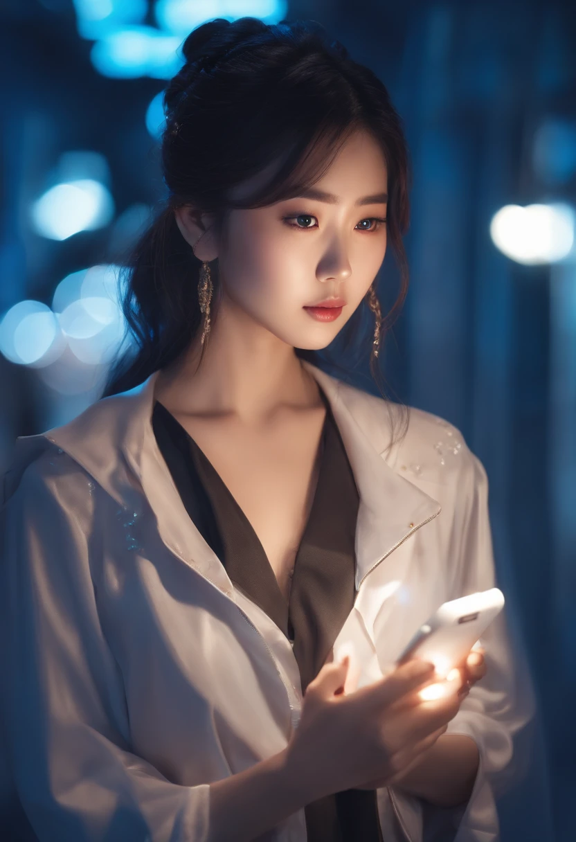 1 young Asian woman, Anime style, holding a cell phone, face, blue background, with lights