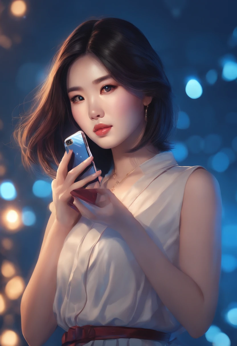 1 young Asian woman, Anime style, holding a cell phone, face, blue background, with lights