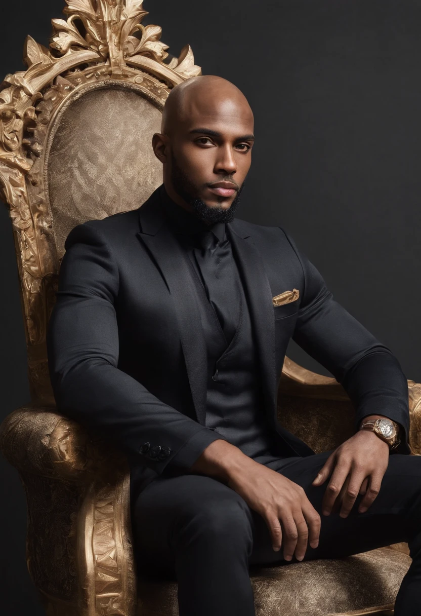 brown skin man,physically well built, sitting on throne,crown,very short beard,bald,black business attire