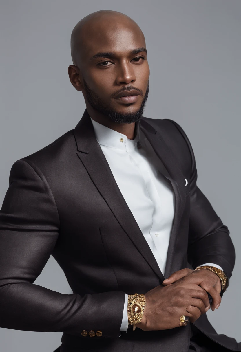 brown skin man,physically well built, sitting on throne,crown,very short beard,bald,black business attire