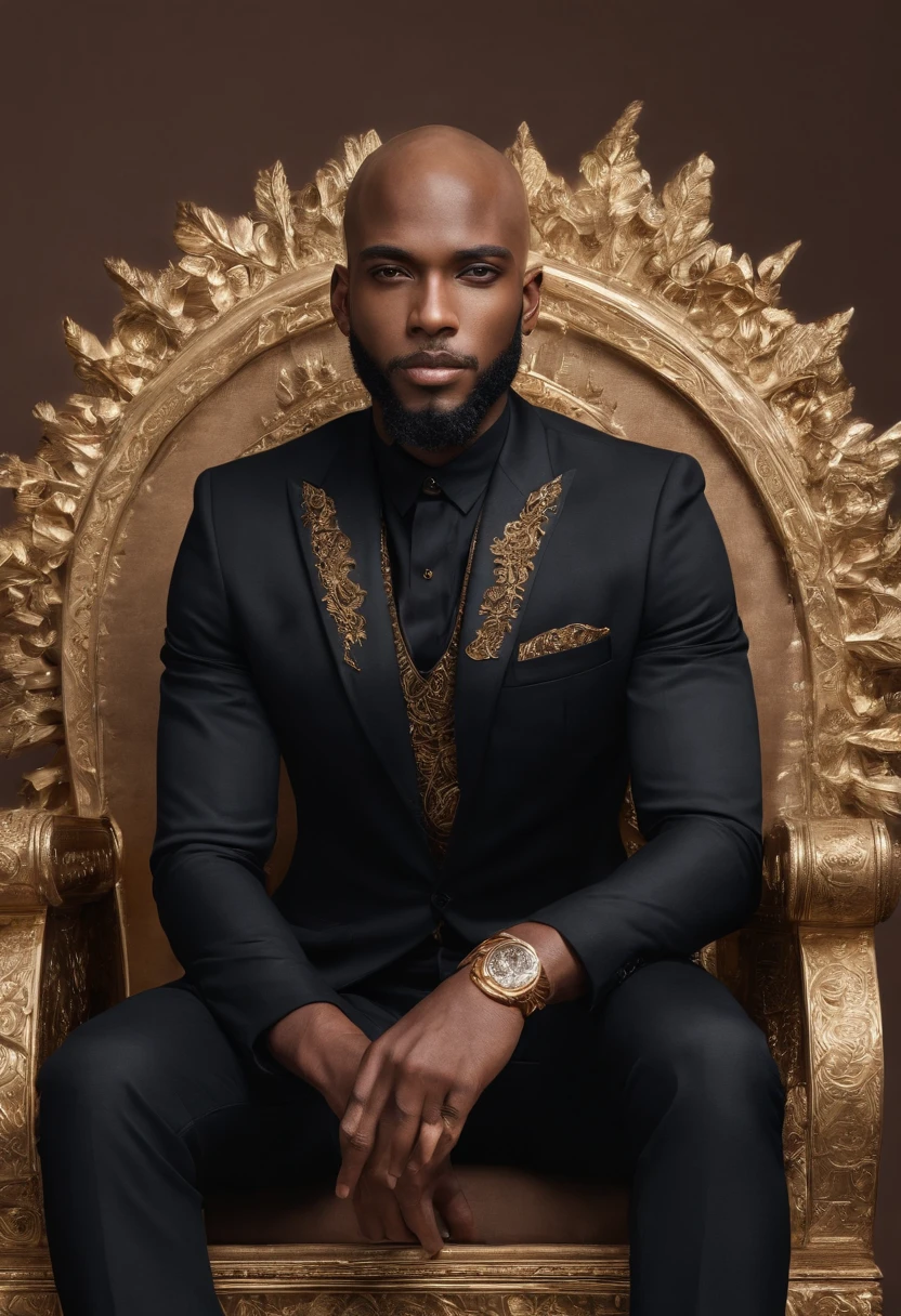 brown skin man,physically well built, sitting on throne,crown,very short beard,bald,black business attire