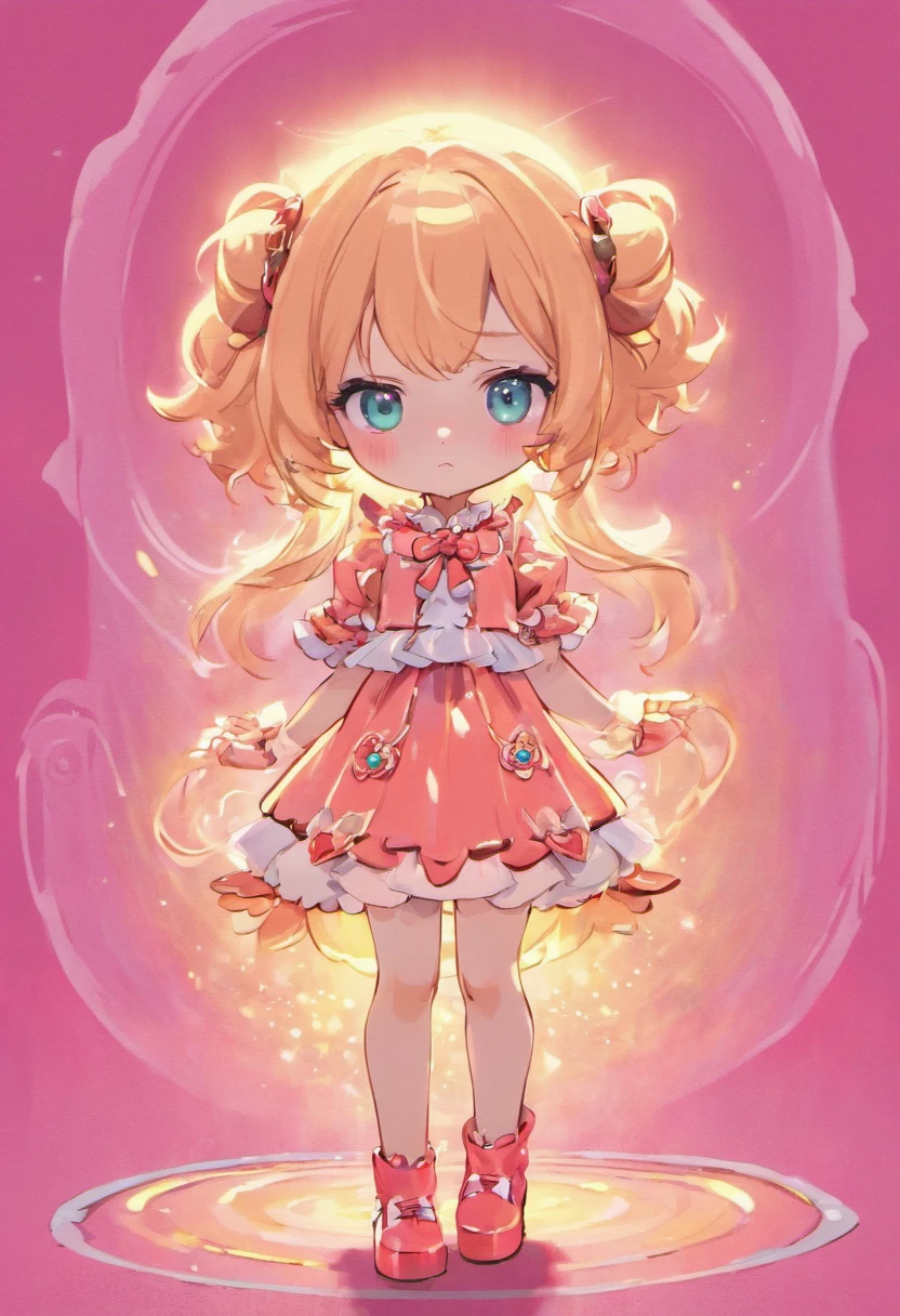 Create a series of cute chibi style dolls with a fashion theme, each with lots of detail and in an 8K resolution. All dolls should follow the same fashionable wallpaper pattern and be complete in the picture, mostrando o (corpo inteiro, incluindo as pernas: 1.5) Boneca fashion: Chame-a de Marina. Ela deve ter cabelo pequeno em tom colorido neon. Seus olhos devem ser grandes e expressivos, with long eyelashes and rosy cheeks. Sorriso delicado e branco. Sophie deve estar vestida com uma roupa fashion com detalhes neon, Tons coloridos . She can't have anything on her hands. Certifique-se de adicionar detalhes nas roupas, such as buttons and pockets, sapato bonito Certifique-se de adicionar sombras, texturas e detalhes nos cabelos, roupas, to make them even more adorable and charming.