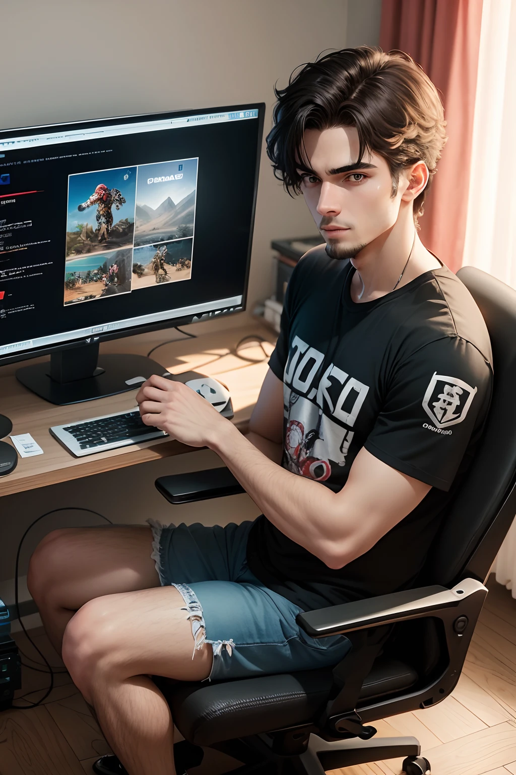 Um gamer escrevendo num computador sobre os jogos que jogou, em uma sala cheia de consoles e jogos, anos 2000, alta resolução, 4k, melhor qualidade, 8k detalhado, homem de 40 anos