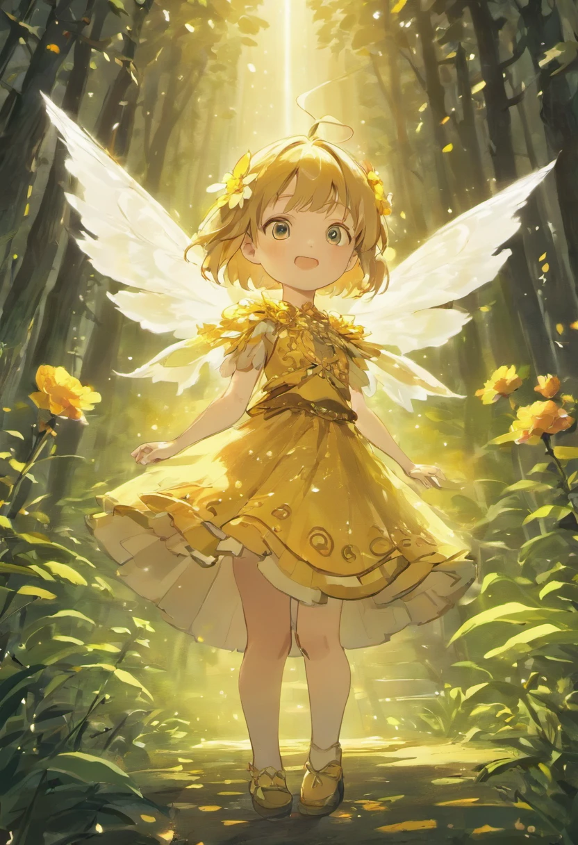 A forest at night, with a adorable 3--old wer fairy, chubby and cute, wearing a skirt made of flower petals. There are giant flowers all around, in various vibrant colors. The fairy has transparent and colorful wings, and she's holding a magic wand. The focus of the image is up close, with attention to detail. The lighting is dimming with gradual light attenuation, creating a glowing effect. The image has depth of field, with highlights and realistic lighting. It has ray tracing and physically-based rendering, resulting in an ultra-realistic and high-quality masterpiece. The details are extremely fine, with accurate human anatomy and well-defined facial features. The eyes are clear and focused, while the background has a slight blur. The artistic style is inspired by Studio Ghibli's works, specifically the style seen in Hayao Miyazaki's animated films.