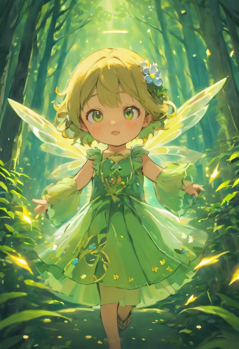 A forest at night, with a adorable 3--old wer fairy, chubby and cute, wearing a skirt made of flower petals. There are giant flowers all around, in various vibrant colors. The fairy has transparent and colorful wings, and she's holding a magic wand. The focus of the image is up close, with attention to detail. The lighting is dimming with gradual light attenuation, creating a glowing effect. The image has depth of field, with highlights and realistic lighting. It has ray tracing and physically-based rendering, resulting in an ultra-realistic and high-quality masterpiece. The details are extremely fine, with accurate human anatomy and well-defined facial features. The eyes are clear and focused, while the background has a slight blur. The artistic style is inspired by Studio Ghibli's works, specifically the style seen in Hayao Miyazaki's animated films.