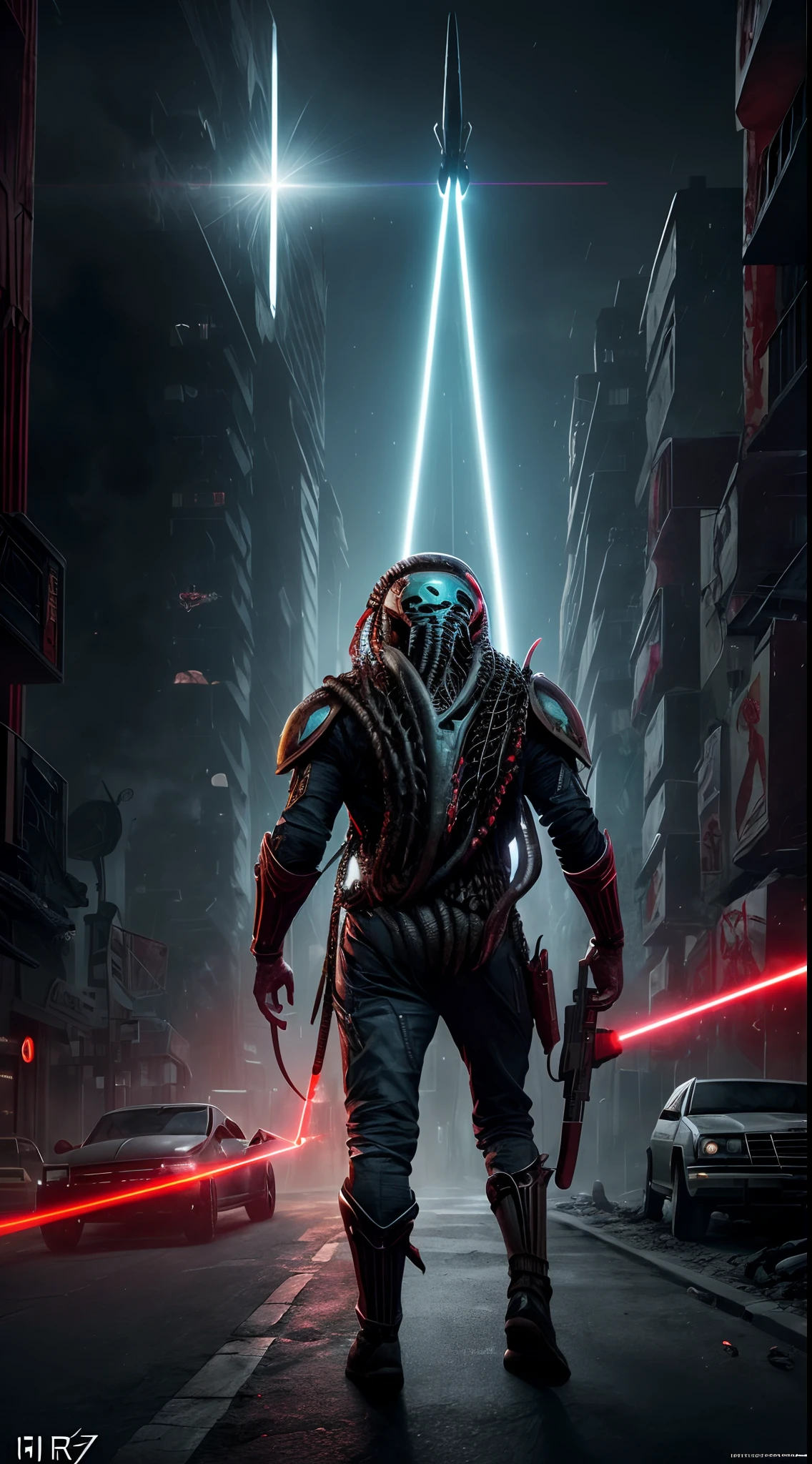 ((Predator wiith futuristic battlesuit killing an alien with a laser-knife, dramatic epic figh by h.r. giger)), cinematic hyperrealistic highly detailed drawn characters with foggy future neonlight mega-city at night as background, thrlling dramatic movie poster, in highst resolution in best quality, with intigue deatails, award winning masterpiece, trending on artstation.