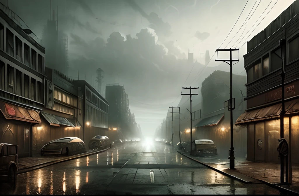 a post apocalyptic cityscape, muted colors, hyperrealism, fog, dark atmosphere, hdr, rainy, intricate details, fallout style