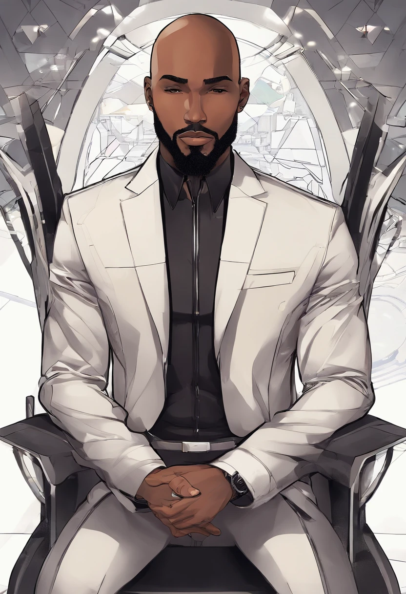 brown skin man,physically well built, sitting on throne,crown,very short beard,bald,black business attire