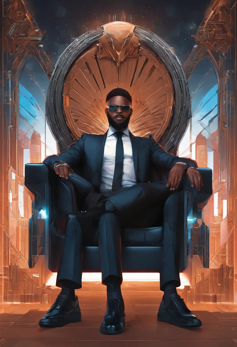brown skin man,physically well built, sitting on throne,crown,very short beard,bald,black business attire