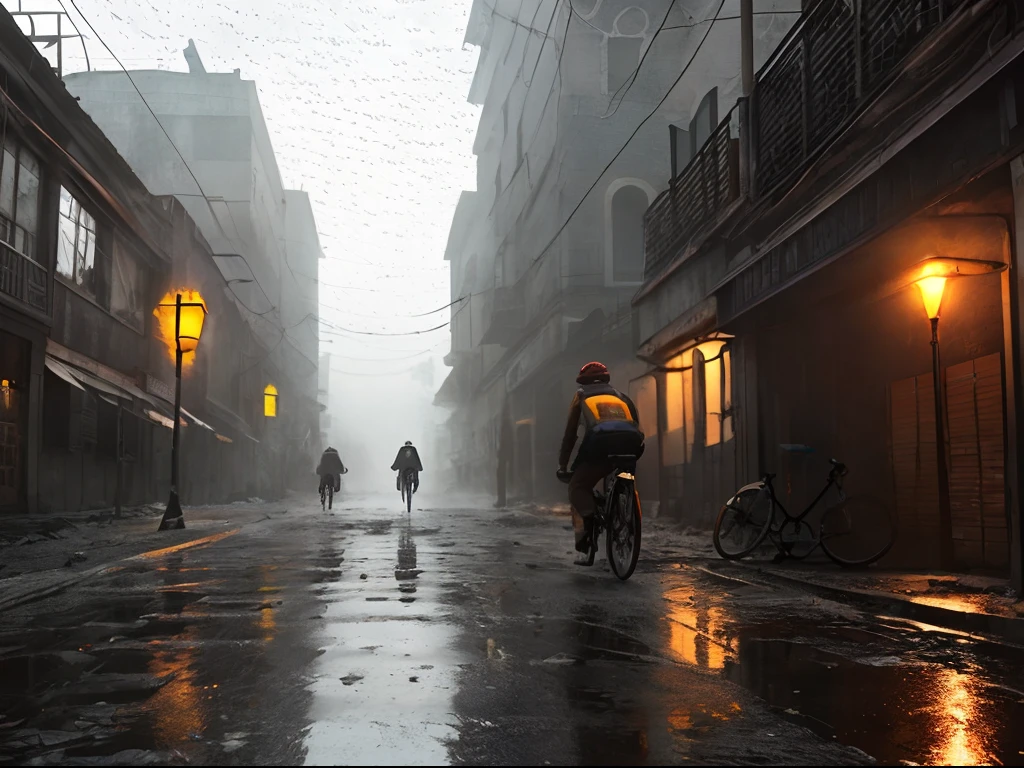 Cyclist representation of a ruined city street, Angle low, rascacielos en ruinas, Dust and smoke particles, (Tiempo lluvioso:1.3), diente, El estilo Fallout 4, Rastreado, discreto, Dramatic lighting, Kinematic, Ultra detallado, 4k