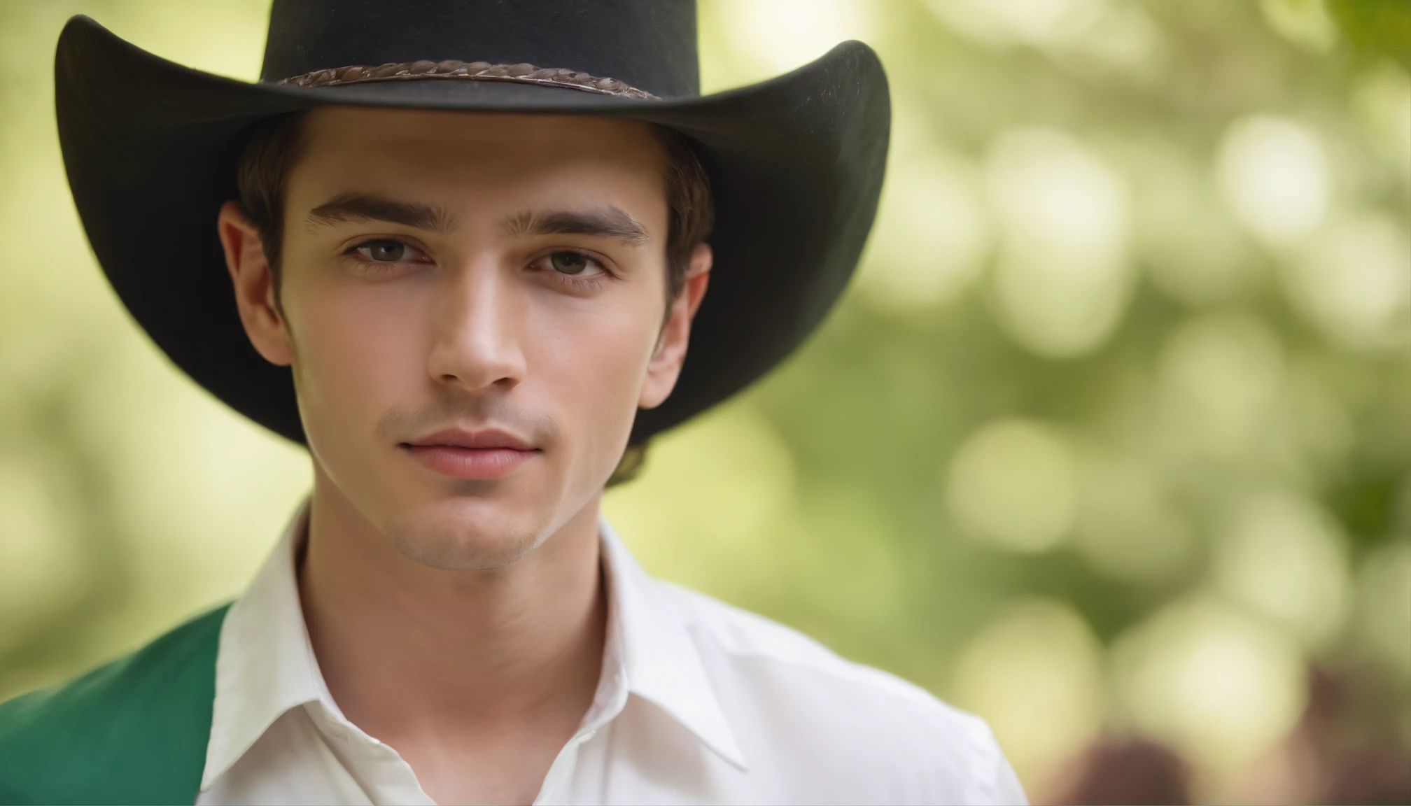 dark-haired man in a hat and white shirt, green cloth in the background, vibrant colors, in the style of ultrafine detail, high quality photo,cowboy shot 16 years old boy
