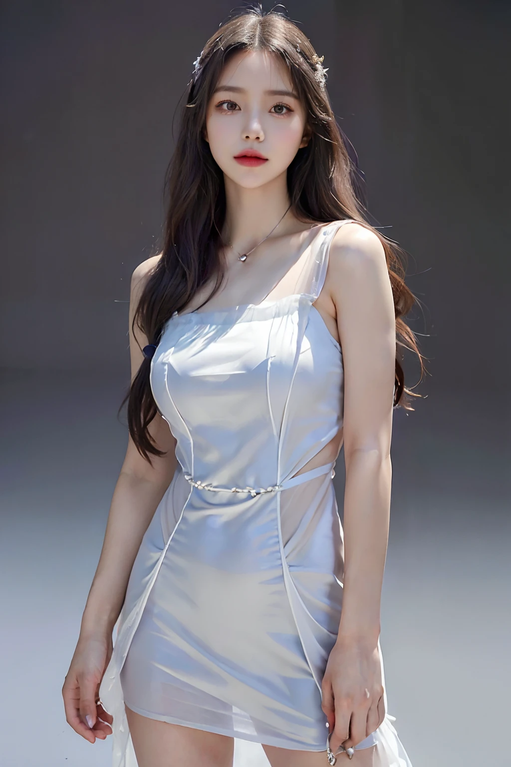 ((10: 1.27), top-quality, master-piece, ultra-high resolution: 1.2) Photos of cute Japanese women (attractive:1.1),dark gray background,White leather dress,Beauty style,good anatomy,Supermodel Style