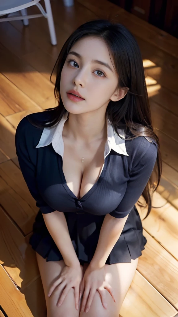 (masterpiece)), ((best quality)), (ultra-detailed), ((extremely detailed)), 4K, (8K), best quality, (beautiful),(((world-class quality))), extremely detailed, high resolution, (detailed shaded pretty face), solo, (((sagging breasts))), Full body, front and center, (front and center of picture), looking Directly at viewer, high angle shot, 1 girl, on her knees, hands on her lap, school uniform white buttoned up shirt short navy black skirt, day time, wooden Cabin, god rays from above, 1 girl on her knees sitting on her legs, Shiny Glistening white pale legs, thick sexy thighs, both hands rubbing thighs, both hands gripping thighs, body facing viewer, slightly bending towards viewer showing cleavage, tight clothing, clothing squeezing breasts put of clothing skin tight clothes, Birds eye view, ((very large breasts)), looking up, bending neck back slightly, ultra-detailed face, birds eye view, high angle shot, downwards angle shot, push up bra, long flowing hair, thick lushly hair