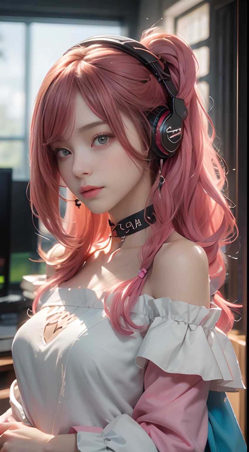 （（best qualtiy））， （（tmasterpiece））， （detail：1.4）， Beautiful Cyberpunk Woman Image，headphones、Heart-shaped choker、sixteen years old,　nffsw（HighDynamicRange），Ray traching，NVIDIA RTX，Hyper-Resolution，illusory 5，Sub-surface scattering，PBR Textures，post processed，Anisotropy Filtering，depth of fields，maximum definition and sharpness，multi-layer texture，Albedo e mapas Speculares，Surface Coloring，Mitsu-Accurate simulation of material interactions，Perfectly proportioned，rendering by octane，Two-colored light，Large aperture，Low ISO，White Balance，Rule three points、8K raw data、Beautiful bright red pupils，Off-the-shoulder clothing，Fine pupils，Delicate face and eyes，long eyelasher，Blushlush，Delicate and fluffy hair，Pink twin tail hair with light blue gradient，lip，pure，Cute face，Sweet girl，Artistic sense，Casual wear，Advanced Sense、,　Beautiful Hair Accessories，long hair and waist，Hair fluttering in the wind，