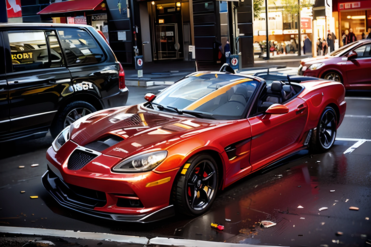 red sports car parked in a parking lot next to a black car, sports car, sportcar, sport car, glossy red, red and black, black and red, supercar, splash of color, convertible, convertable, red and black trim, realistic paint job, red, speedster, (((yellow))), many exotic cars, red and yellow colors