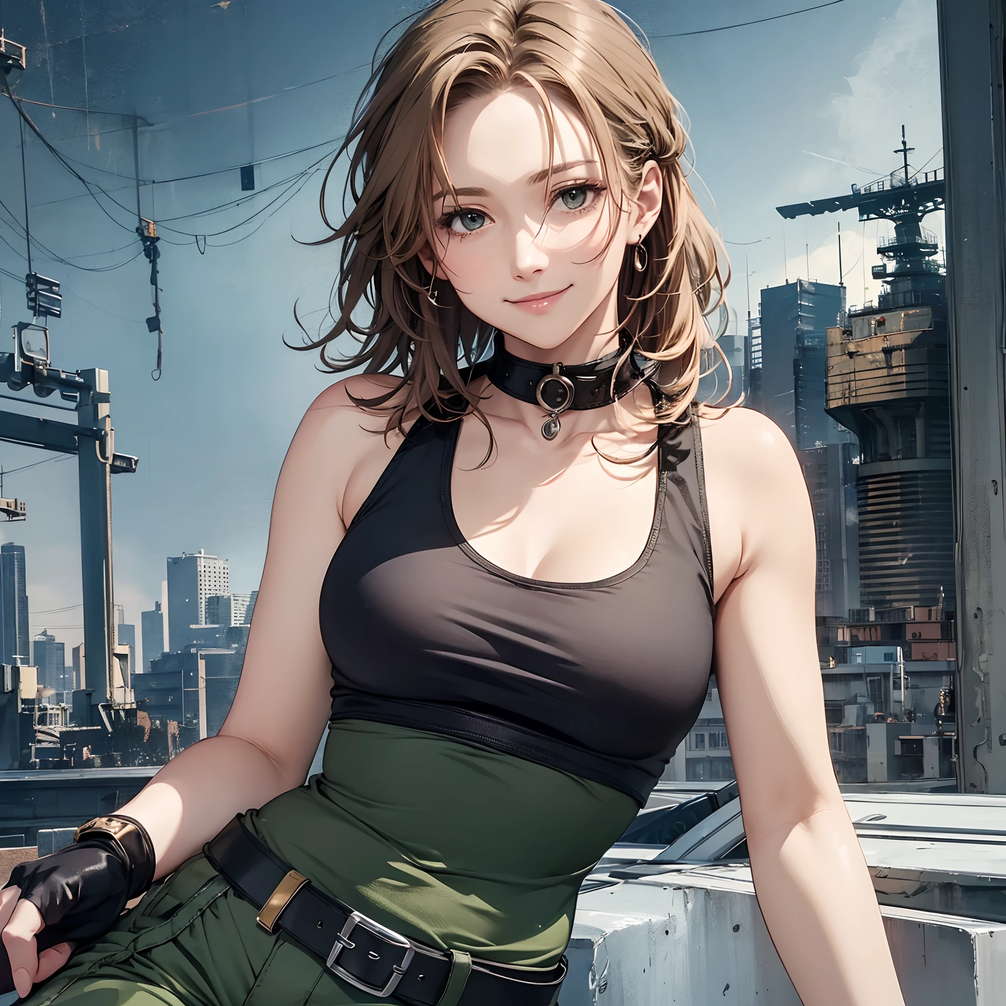 masterpiece, best quality, meryl, black tank top, belt, green pants, fingerless gloves, furrowed brow, smile, looking at viewer, military complex --auto --s2