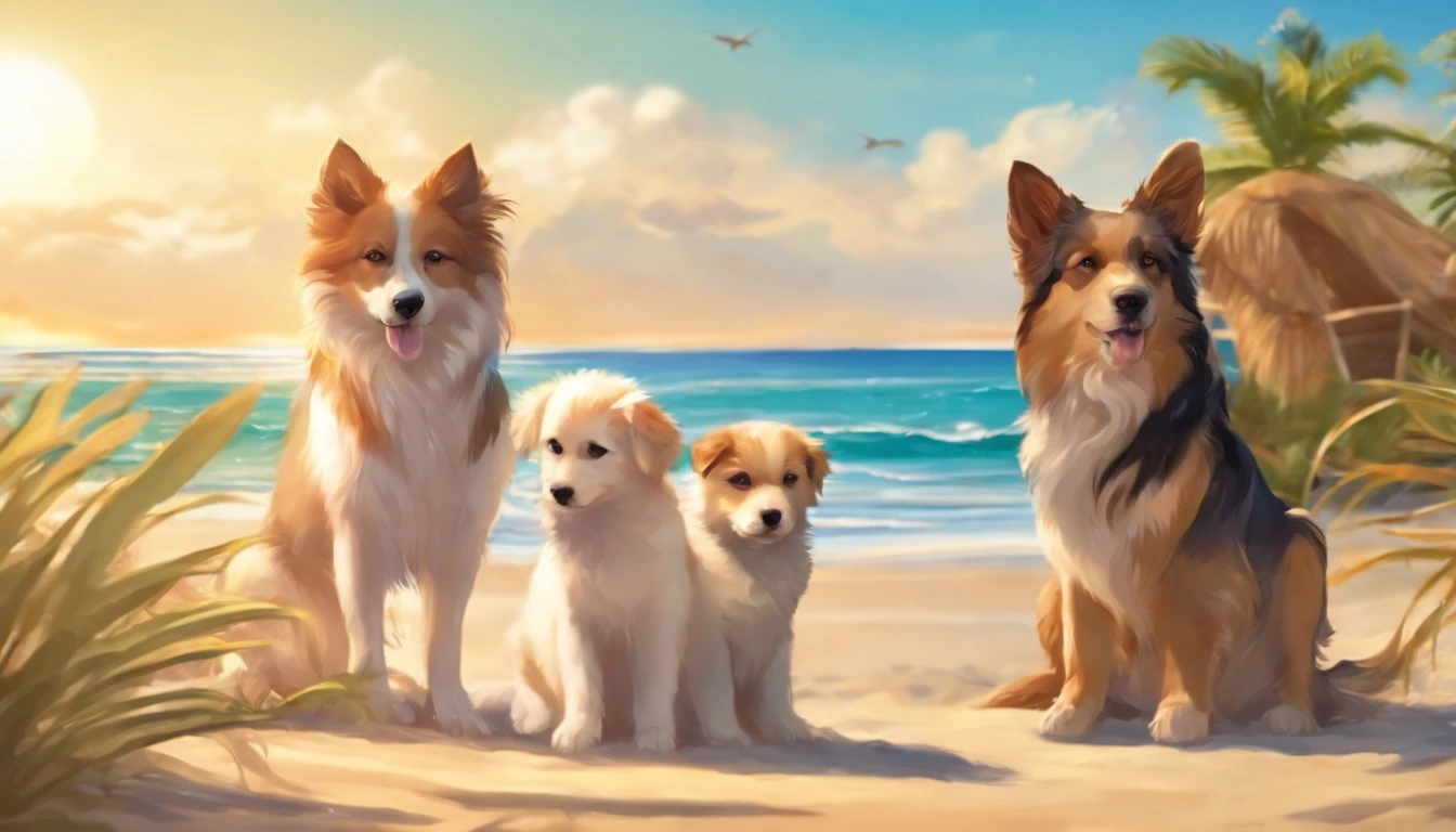 make a picture with at least 5 dogs and 5 cats on sunny beach in anime style