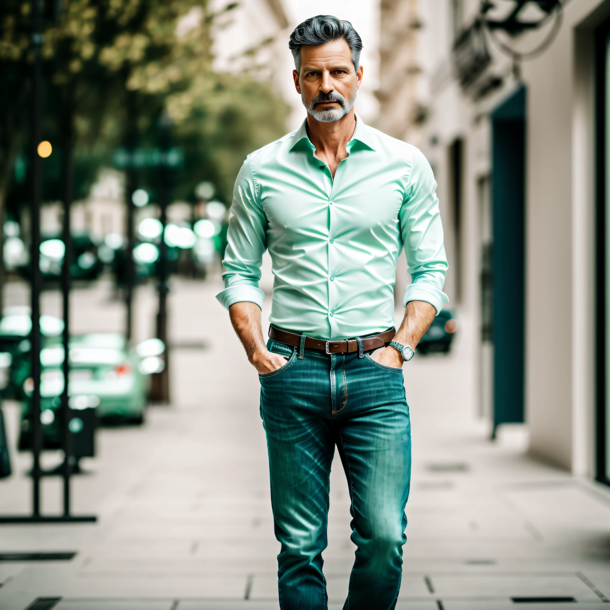 RAW photo of an elegant man, 50 years old, European, light green eyes, black hair blurred background, full body plane, blue jeans, white shirt, looking at camera, cinematic, small details, photorealistic, ultrarealistic photo, 8k uhd, dslr, soft lighting, high quality, film grain, Fujifilm XT3, (masterpiece),