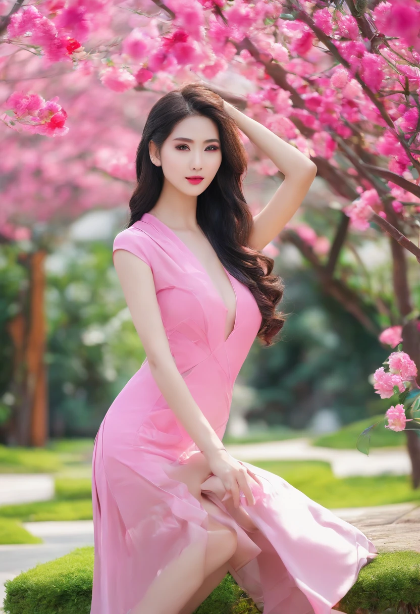 (zhongguo nu)'(beautiful,attractive,girl,woman,lady)(big brests:1.1,voluptuous)(green eyes,'full red lips')(long black hair,curly)(stylish make-up,flawless skin,glowing complexion)(wearing elegant dress,high heels)(confident posture,graceful stance)(in a luxurious garden)(surrounded by blooming flowers,swaying trees)(soft sunlight,casting a warm glow)(vibrant colors,rich contrast)(portrait style,classic painting)(detailed brushstrokes)(exquisite craftsmanship,meticulous attention to detail)(high resolution,4k masterpiece)