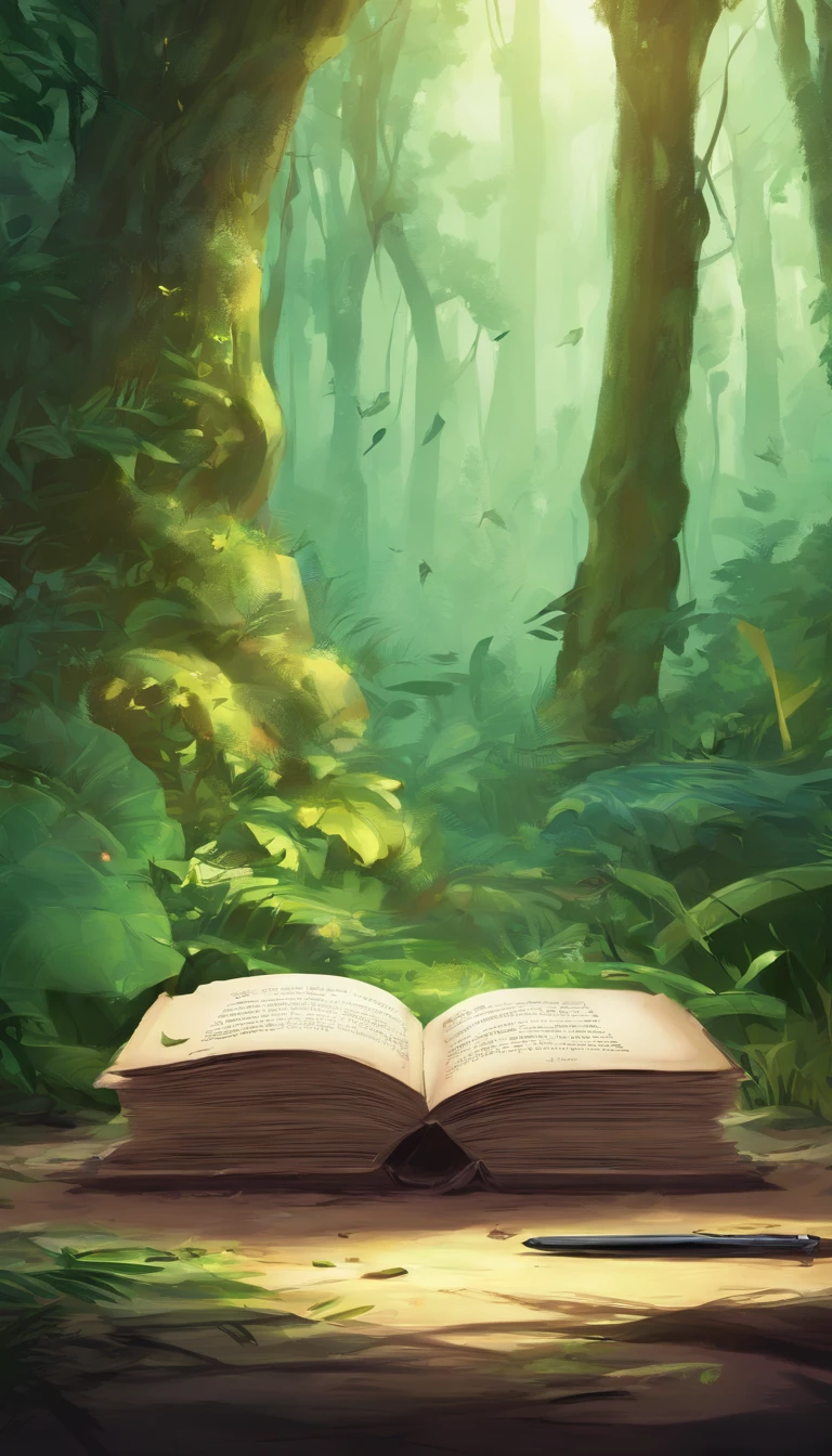 Empty bookside, jungle leaves, spring pen. beautiful atmosphere, magic, cozy, strong color, close up