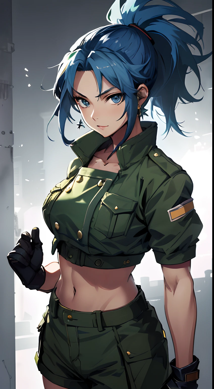 masterpiece,, best quality, highres, 1girl, leona heidern, blue hair, blue eyes, ponytail, green shorts, midriff, crop top, black gloves, breasts, military uniform, green jacket, earrings, jewelry, navel, large breasts, cowboy shot,