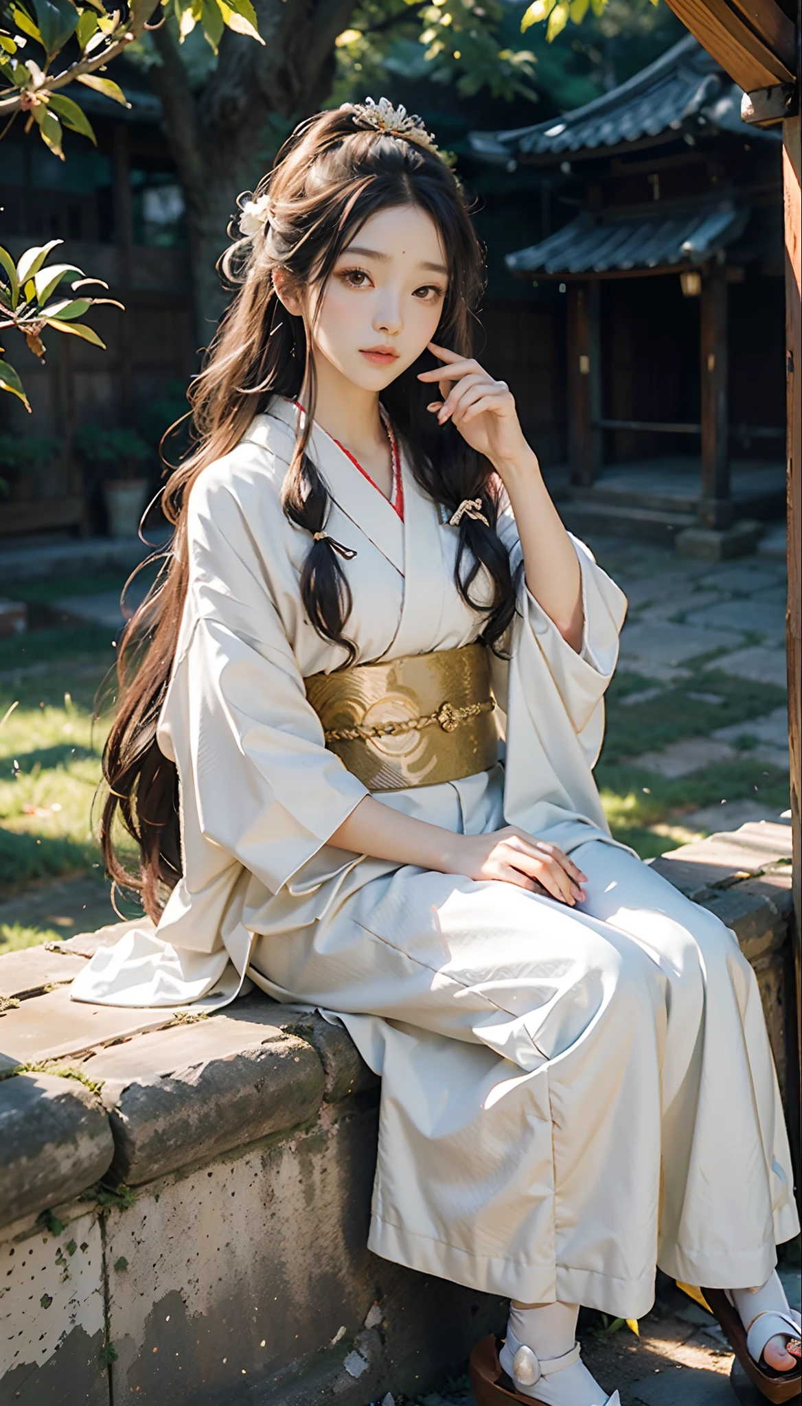 meticulous portrayal of face，1 noblewoman，(Hairpins)，(Camellia kimono)，(Long flowing colored hair)，Simple and elegant Japanese clothing，Collar，(black sock+，clogs)， s the perfect face， perfect hand， Perfect Finger， Perfect lips， perfect  eyes，Extremely normal body，Ancient Japanese town background，Perfect background