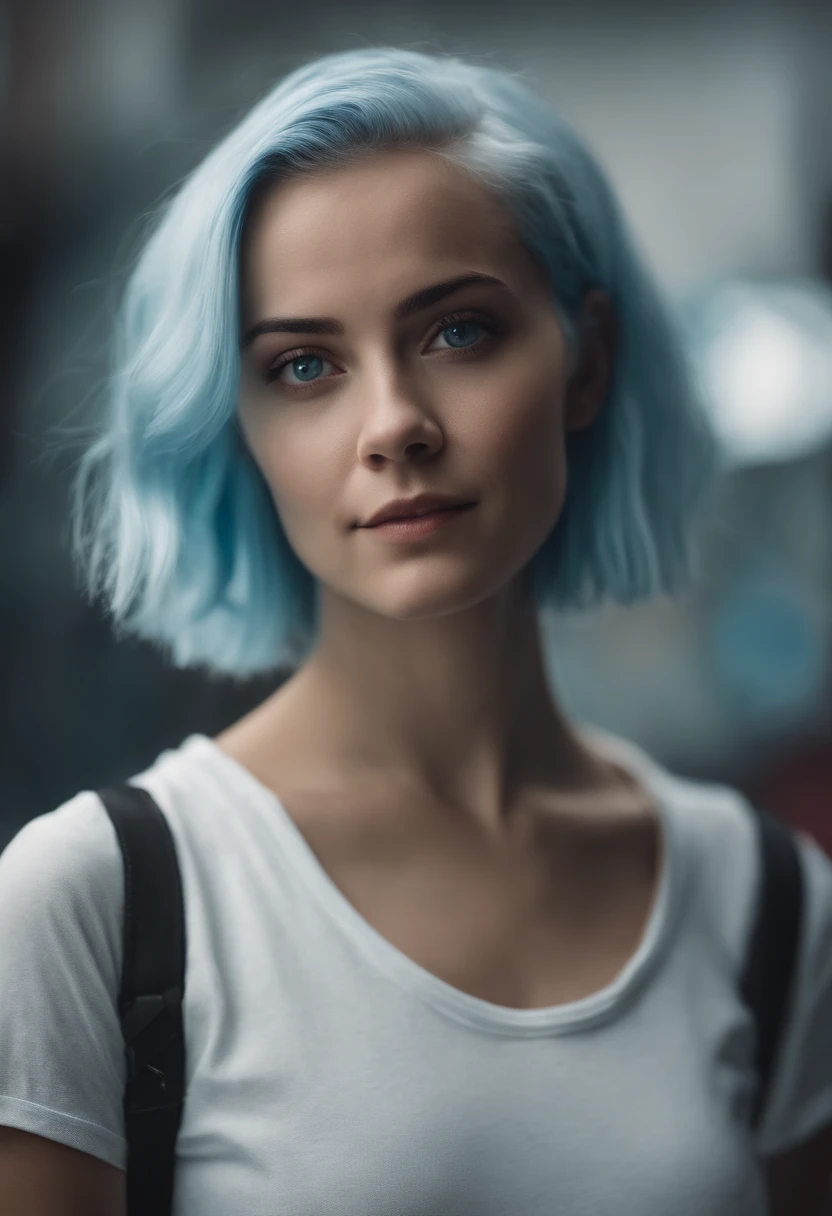 grimace, 1 girl, light blue hair, red eyes, short bob, white t-shirt, in front, look at viewer, face, monotone background