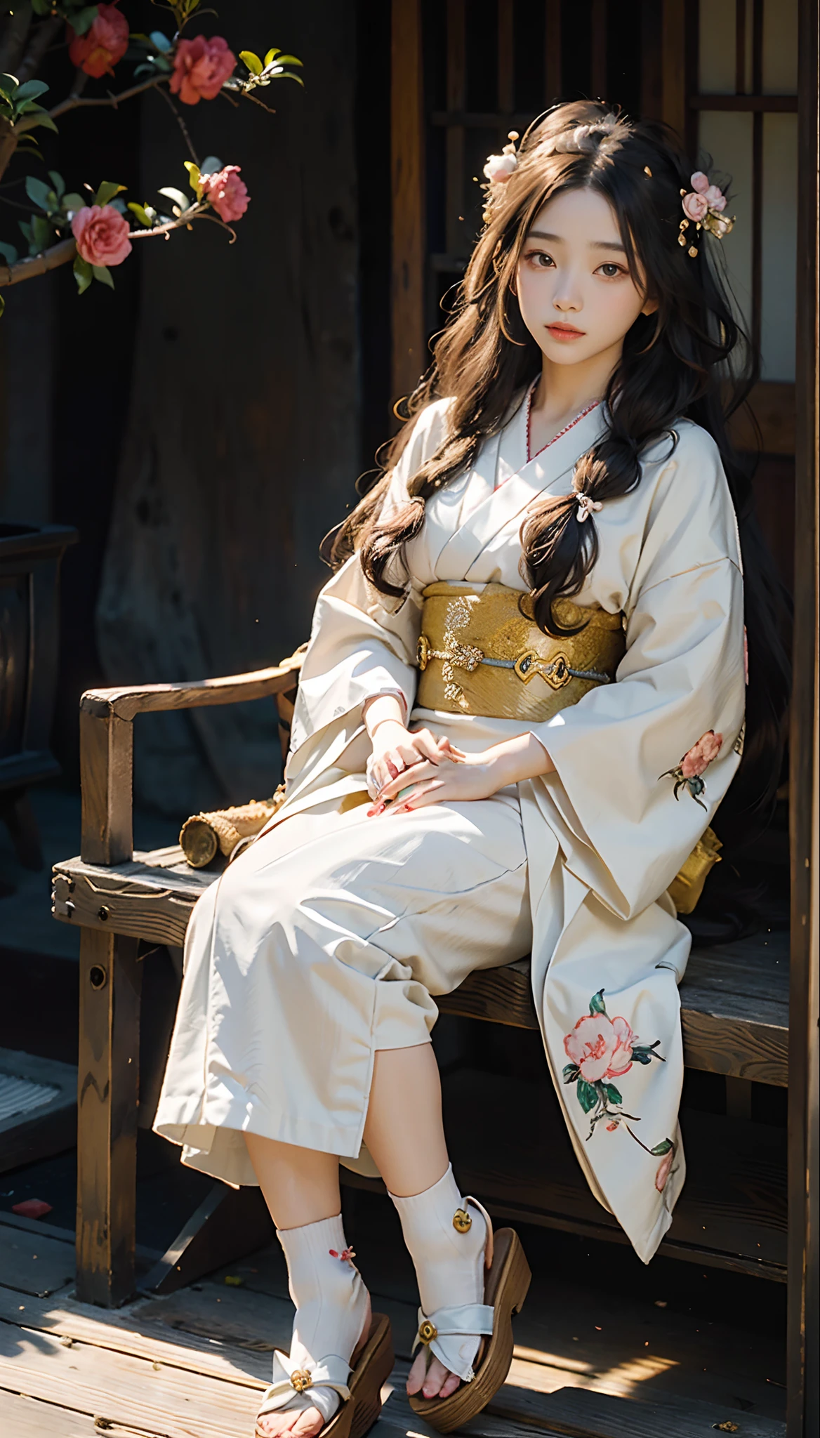 meticulous portrayal of face,1 noblewoman,(Hairpins),(Camellia kimono),(Long flowing colored hair),Simple and elegant Japanese clothing,Collar,(black sock+,clogs), s the perfect face, perfect hand, Perfect Finger, Perfect lips, perfect eyes,Extremely normal body,Ancient Japanese town background,Perfect background