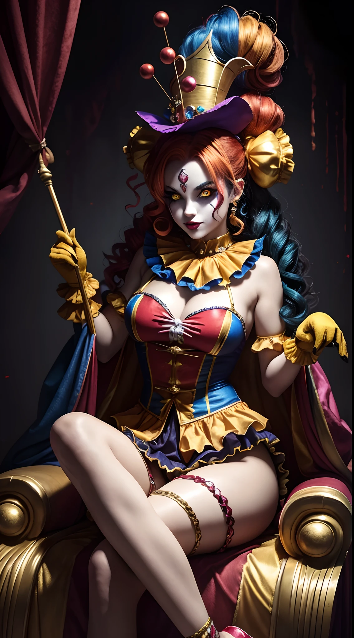 Crazy Clown Queen,sitting on golden throne,Jester cap,Clown costume, mitts,Vibrant colors, burst into laughter, dark gold hair,Cute,Horror,Wavy hair, hair-bun,high-heels。Blood blood,Circus props, spooky ambiance, haunted background。style of surrealism, Sharp contrast,ominous lighting,hdr,hyper HD,Studio lighting,painting-like,Ultra-fine painting,Sharp focus,Physically-based rendering,Extreme detail description,professional,((Horror)).