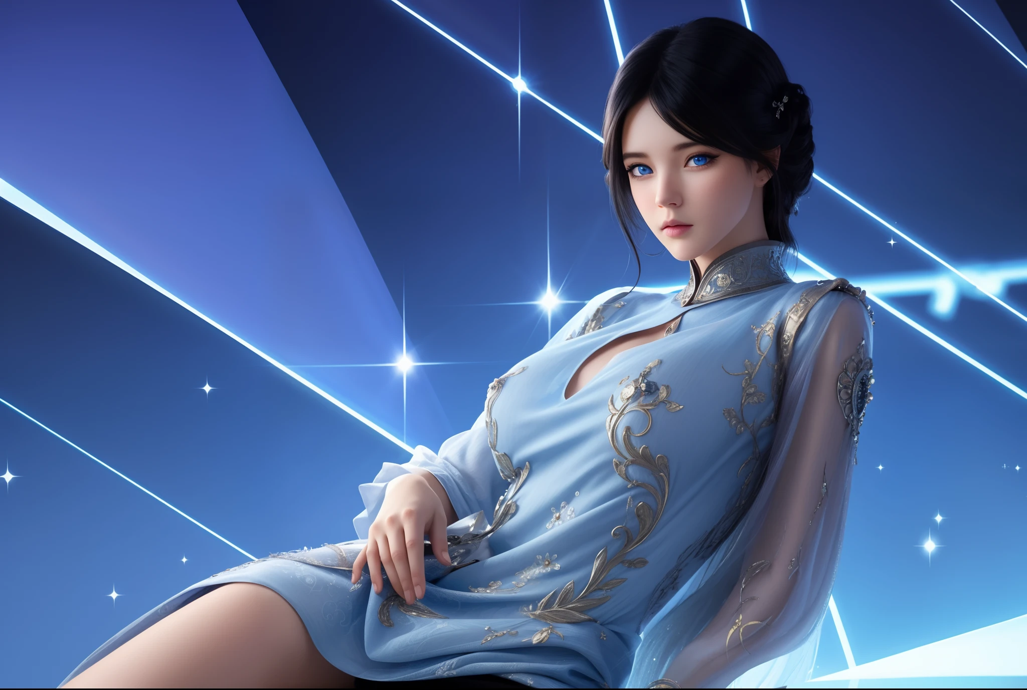 (hyperrealistic), (illustration), (high resolution), (8K), (extremely detailed), (best illustration), (beautiful detailed eyes), (best quality), (ultra-detailed), (masterpiece), (wallpaper), (photorealistic), (natural light), (rim lighting), (detailed face), (high detailed realistic skin texture), (anatomically correct), (solo), (1 girl), (high detailed realistic hair), (black hair:1.35), (heterochromic eyes), (detailed eyes), (blue eyes:1.37), (sparkling eyes), (realistic big breasts:1.5), (exposed nipples breasts:1.35), (long legs), (slender abs), (dynamic pose), (closed tiny mouth:1.3), nsfw, concentrated expression.