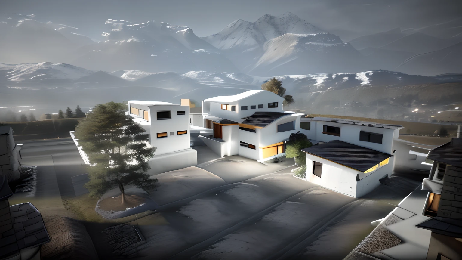 House with a tree in the yard，Mountain views, Building in the mountains，at noon，morden style，Sloping roof，Rough masonry façade，Smooth white paint exterior，Small glass windows，Wooden window frames，Wooden grille，perspective view，k hd，high qulity，8K architectural visualization, architectural render, wide establishing shot, highly rendered!! Dynamic (RAW photo, Real, Best quality, Masterpiece:1.2), (Ultra photo realsisim, photo-realistic:1.2), High quality, (Dark lighting:1.2), Perfect lighting, Architectural Digest Award winner sustainable architecture, Cinematic