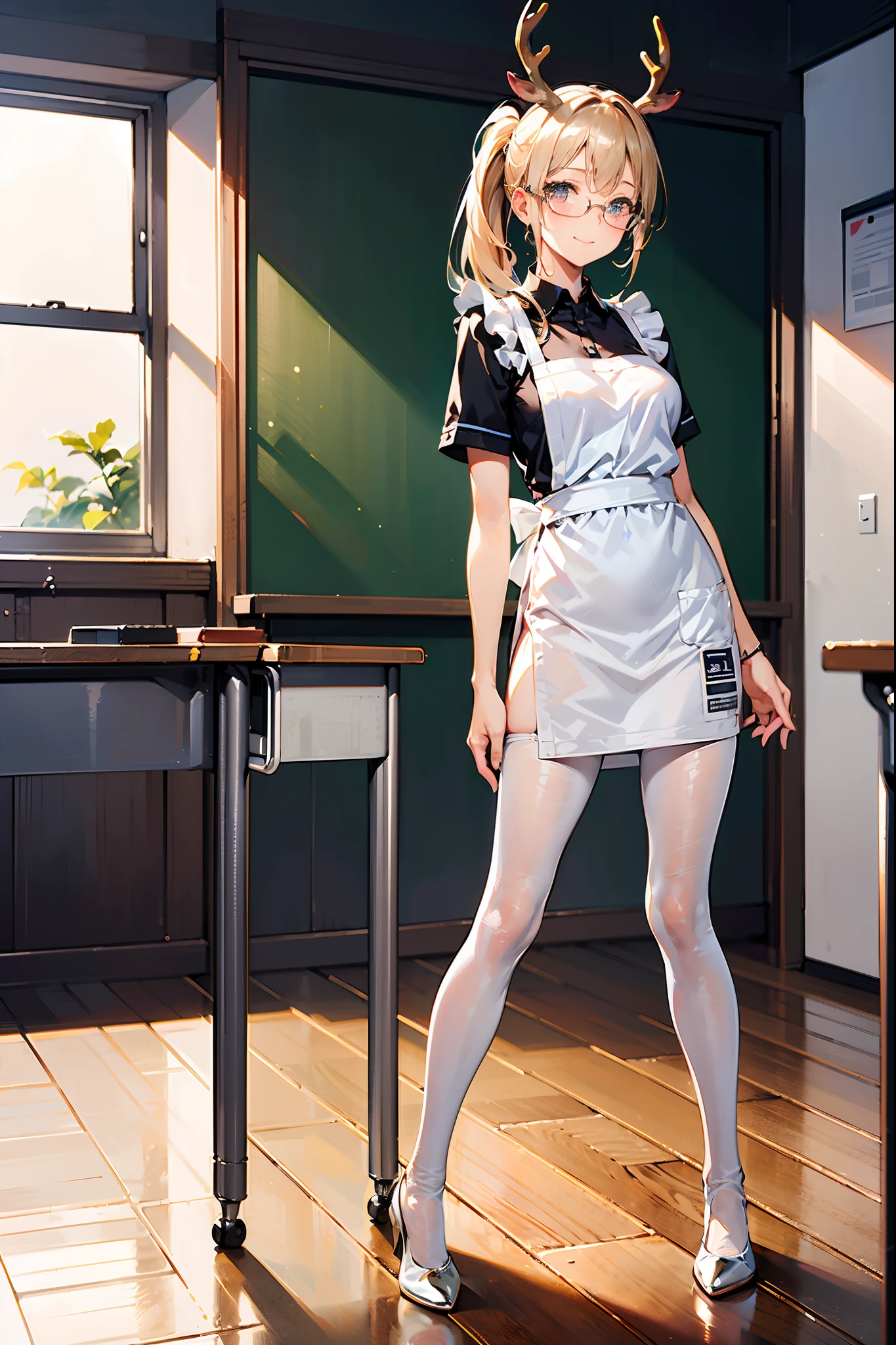 ((masterpiece)), ((best quality)), (ultra-detailed), ((kawaii)), cute, (lovely), ((sexy)), (ero), ((extremely detailed)), 4K, (8K), best quality, (beautiful), realistic, real, focus on the face, full body focus, school, classroom, a pretty girl, little girl:1.8, solo, brown ussr school uniform:1.8, apron, beautiful dark blonde, beautiful brown eyes, ((beautiful eyes with highlights )), white-skinned, ponytail, transparent hair, translucent hair, medium breast, nude tights, glasses, smile, neon light, reflection effect, anthro beauty, deer antlers:1.5, hooves:1.6