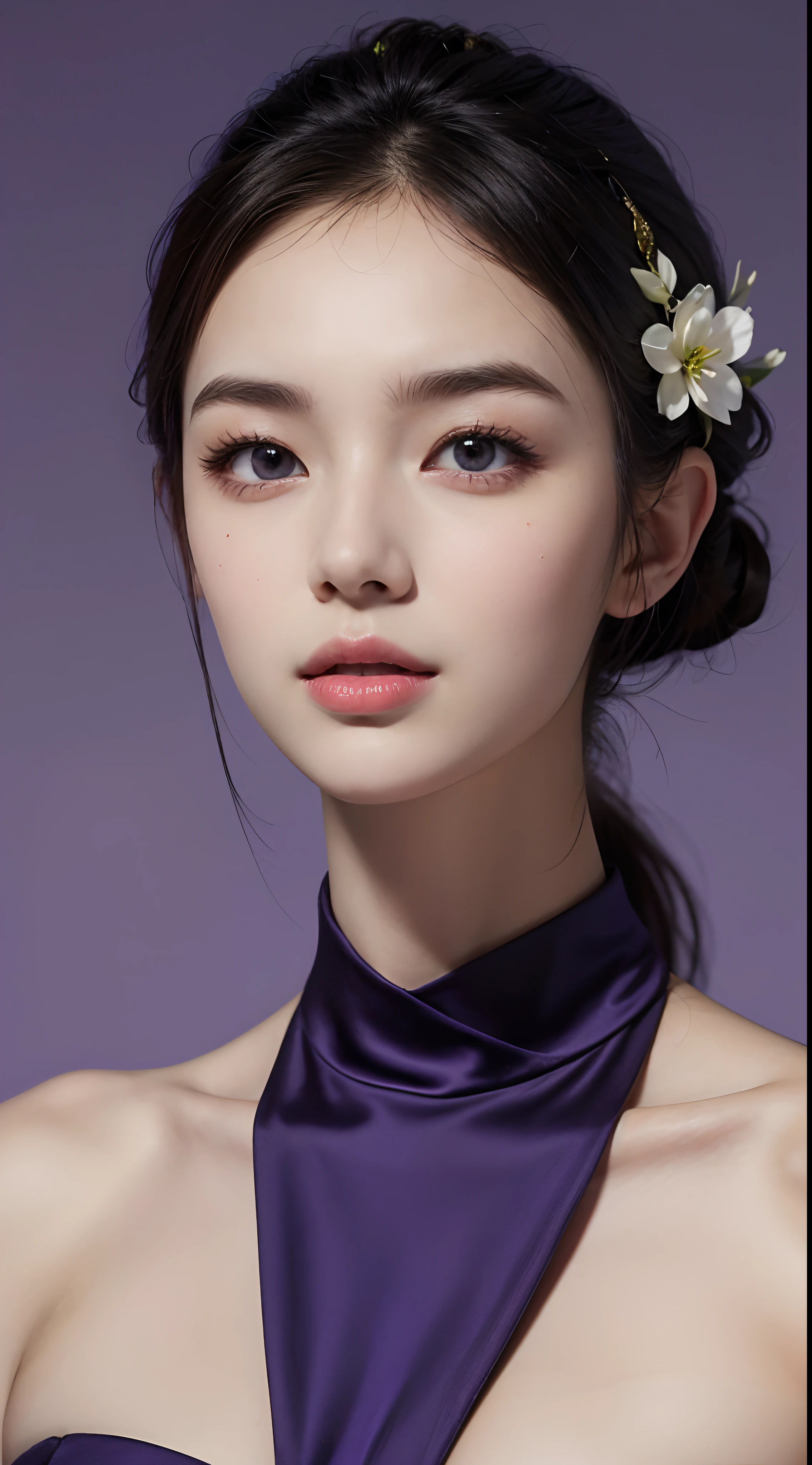 Unique and diverse image of a young woman, milky white skin contrasted with a vibrant purple background, beautiful face and body captured in a solo photo.