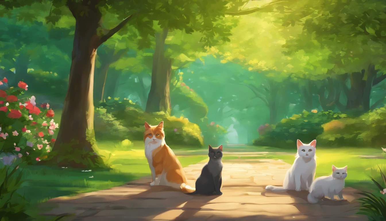 make a picture with at least 10 cats and dogs in a green park in anime style