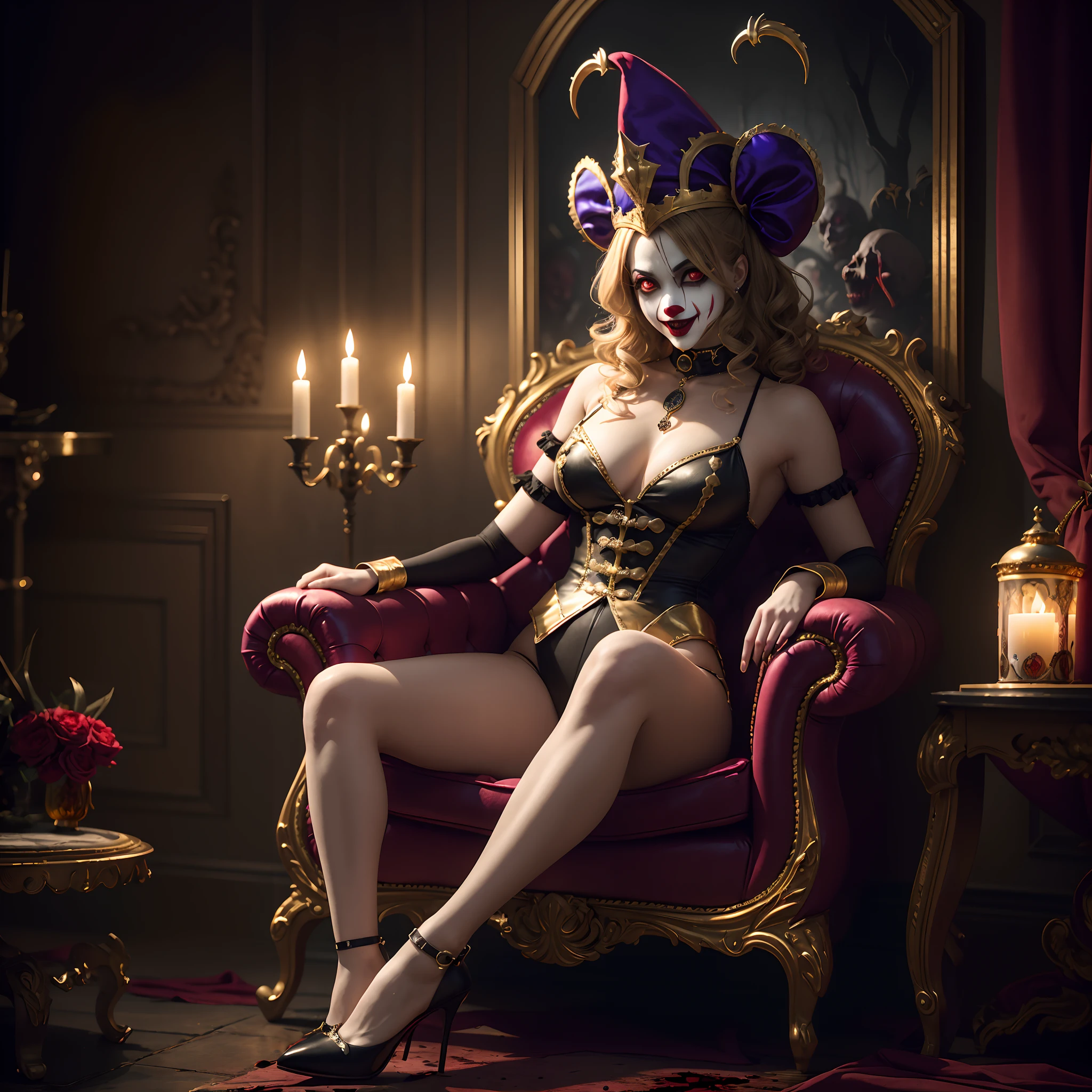 Crazy Clown Queen，sitting on golden throne,Jester cap,Clown costume, mitts,Vibrant colors, burst into laughter, dark gold hair,Cute,Horror,Wavy hair, hair-bun,high-heels。Blood blood，Circus props, spooky ambiance, haunted background。style of surrealism, Sharp contrast,ominous lighting,hdr,hyper HD,Studio lighting,painting-like,Ultra-fine painting,Sharp focus,Physically-based rendering,Extreme detail description,professional,((Horror)).