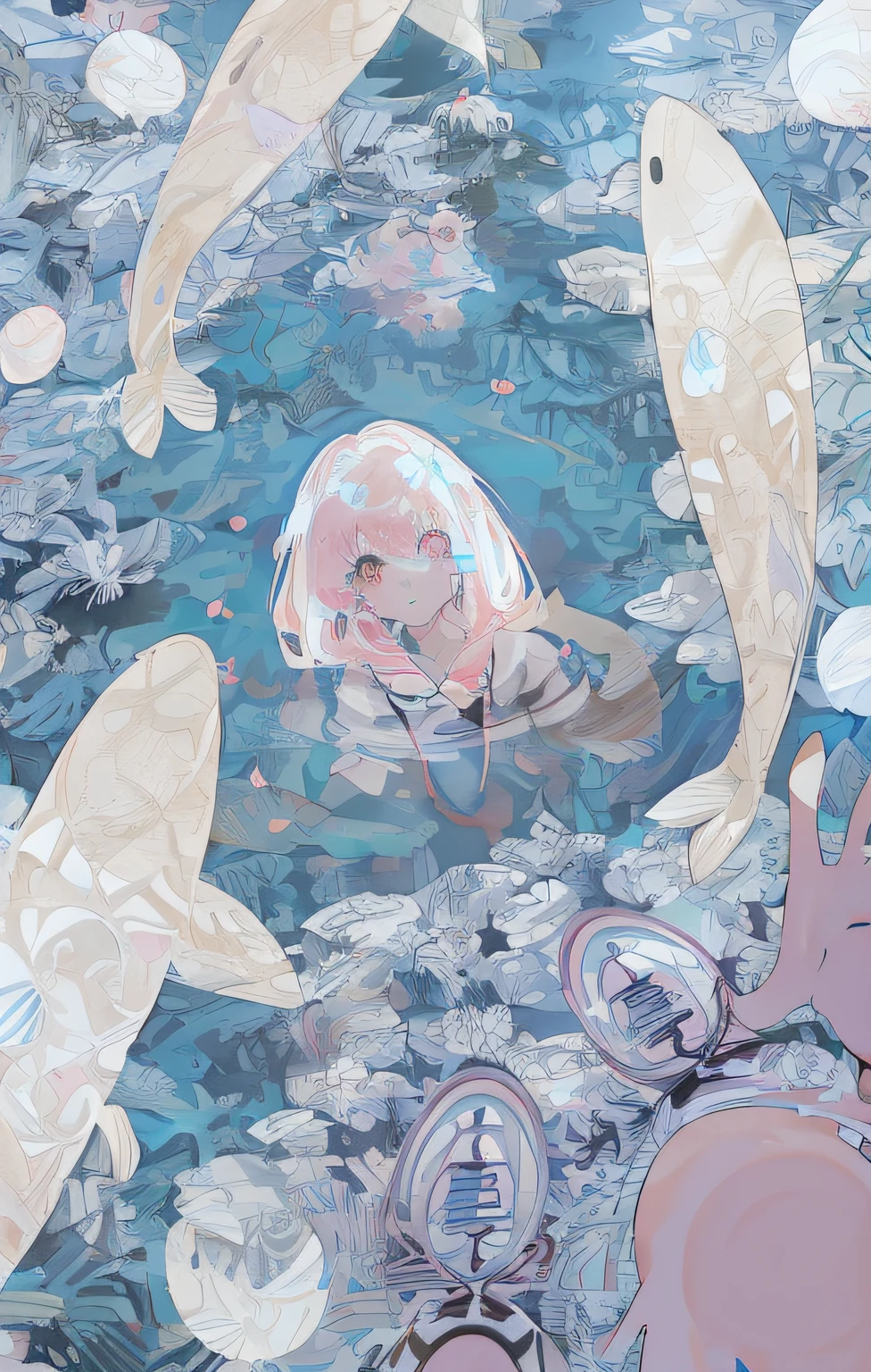 Anime girl with pink hair and white hair standing in fish pond, inspired by Miho Hirano, Soft anime illustration, dreamy psychedelic anime, Anime style illustration, anime illustration, Official illustration, inspired by Tosa Mitsuoki, clean and meticulous anime art, A beautiful artwork illustration, anime graphic illustration, Anime girl walking on water, Digital anime illustration